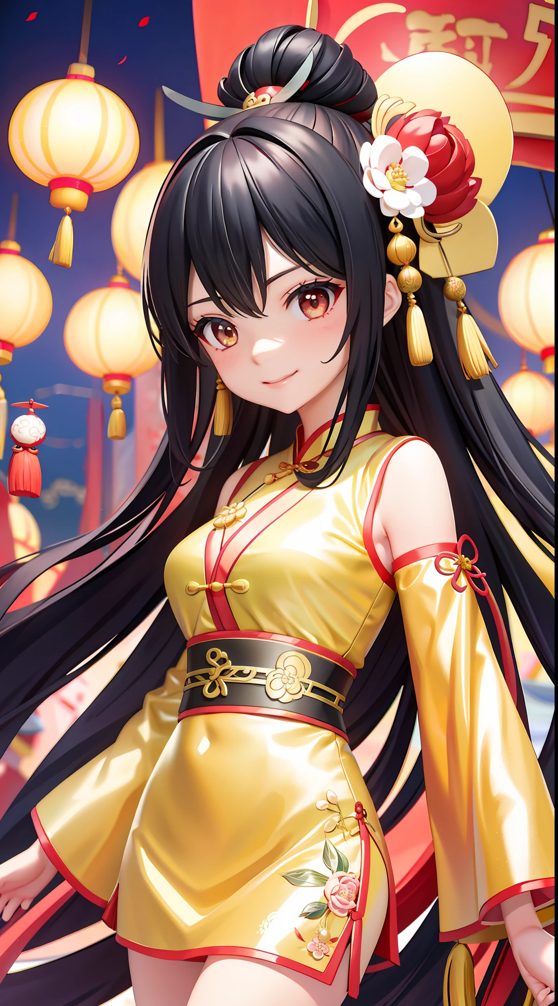 (Positive focus),best qualtiy,1个Giant Breast Girl,Very detailed faces,Red cheongsam,Black ponytail,Fringed Hair Ornament,Peony Flower Hair Ornament,ChineseGirl,Smile Expression,dynamic viewing angle,the night,Lanterns,Ancient Chinese streets,Multiple Hanfu pedestrians in the background,Award-Awarded,cowboy lens,natta,