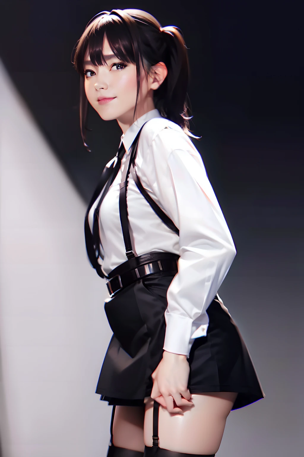 a belt suspenders Black miniskirt neck tie White Cutter Shirt Black stockings Brown hair poneyTail Gray eyes holster bobby Garter belt on the legs