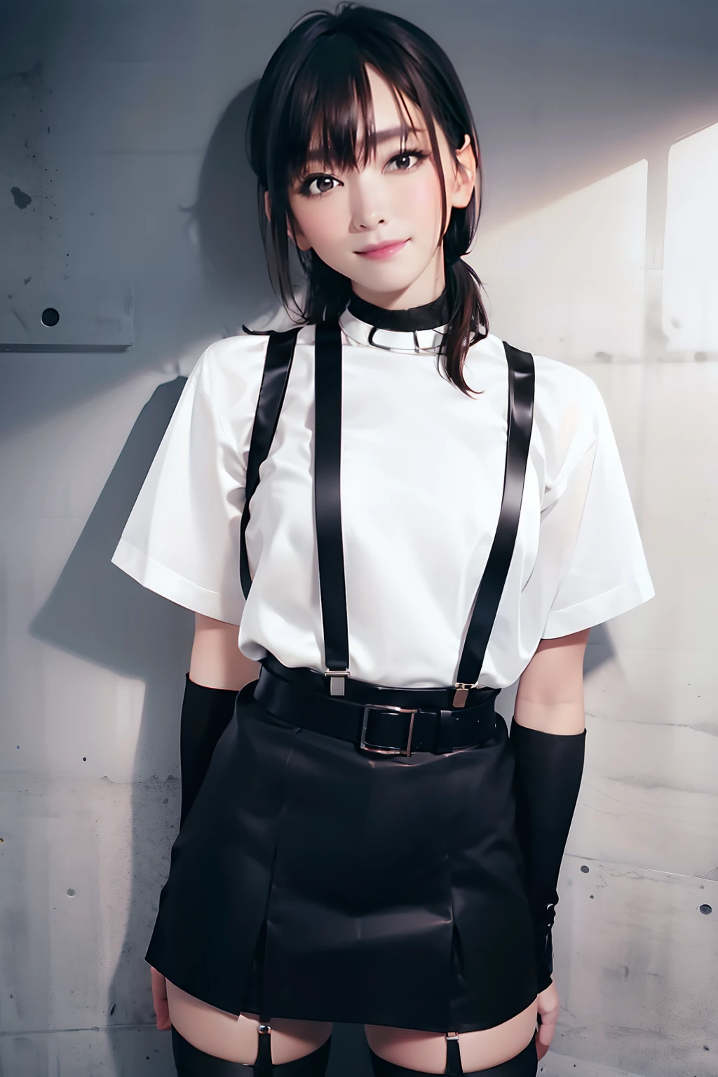 a belt　　　　　suspenders　　Black miniskirt　neck tie　White Cutter Shirt　　　　Black stockings　　　　Brown hair　poneyTail　Gray eyes　　holster　bobby　Garter belt on the legs