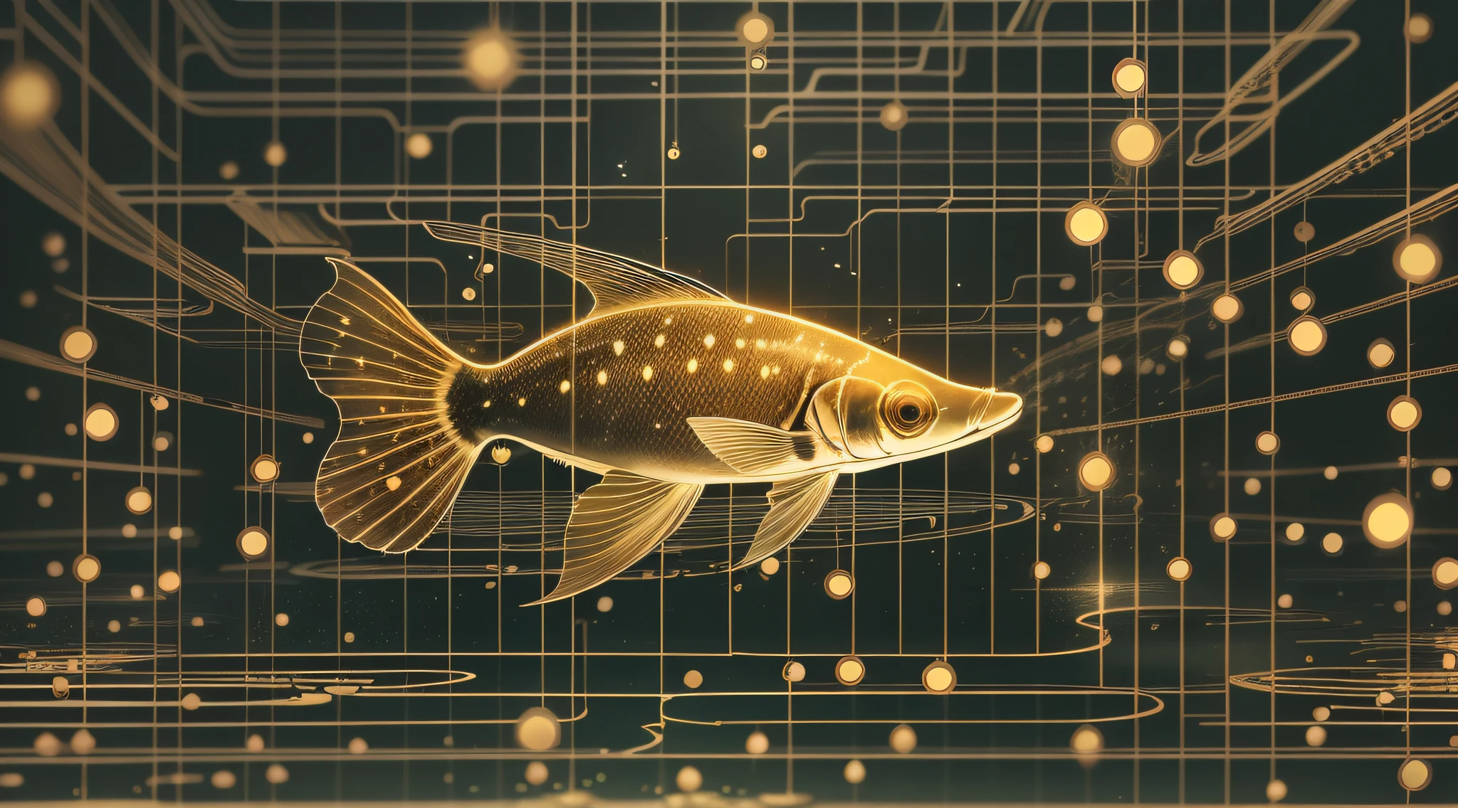 （（The dots make up the silhouette of a marine fish）），（（Transparent with firefly effect：1.5）），（Shining with golden light），Floating on the surface of the sea，Firefly silhouette，cleanness，nigth，People to look up，Wide-angle picture，best qualtiy，tmasterpiece，（8k)，Extremely detailed，Epic artwork