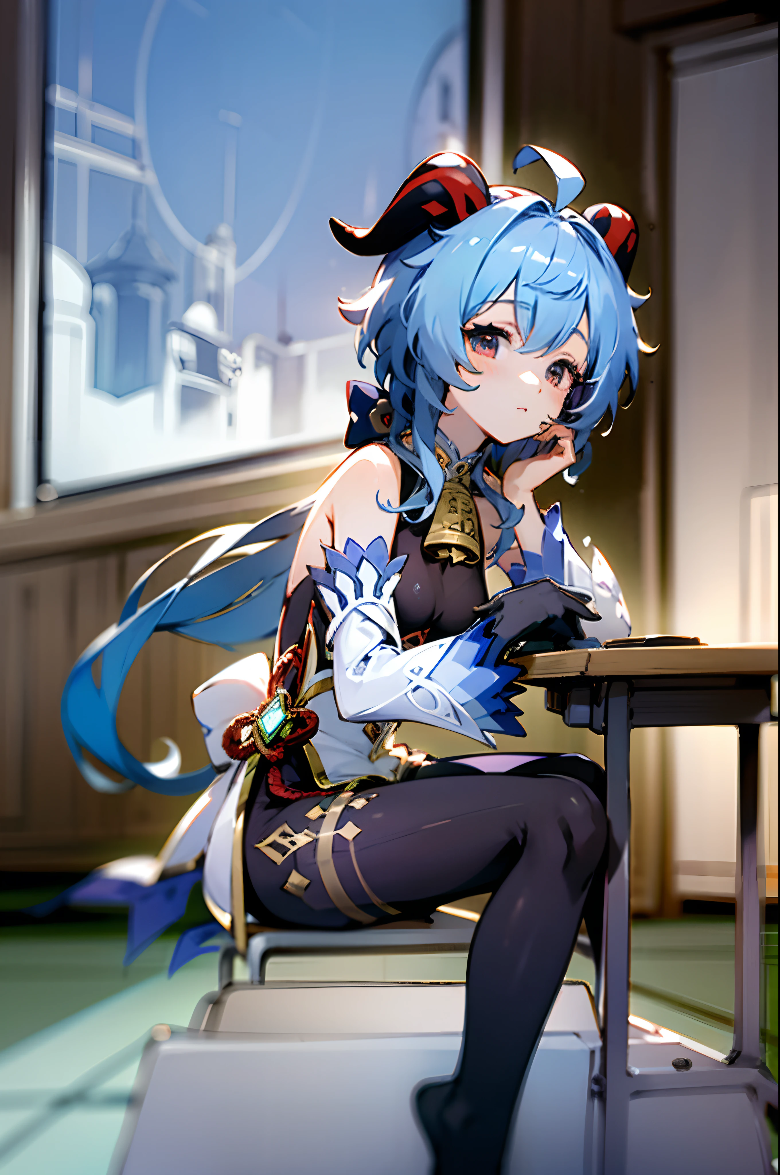 genshin impact ganyu, sitting on table, classroom, green board, lesson, midnight, cute face, ultrasharp, 8k, masterpiece, full body, without shoes