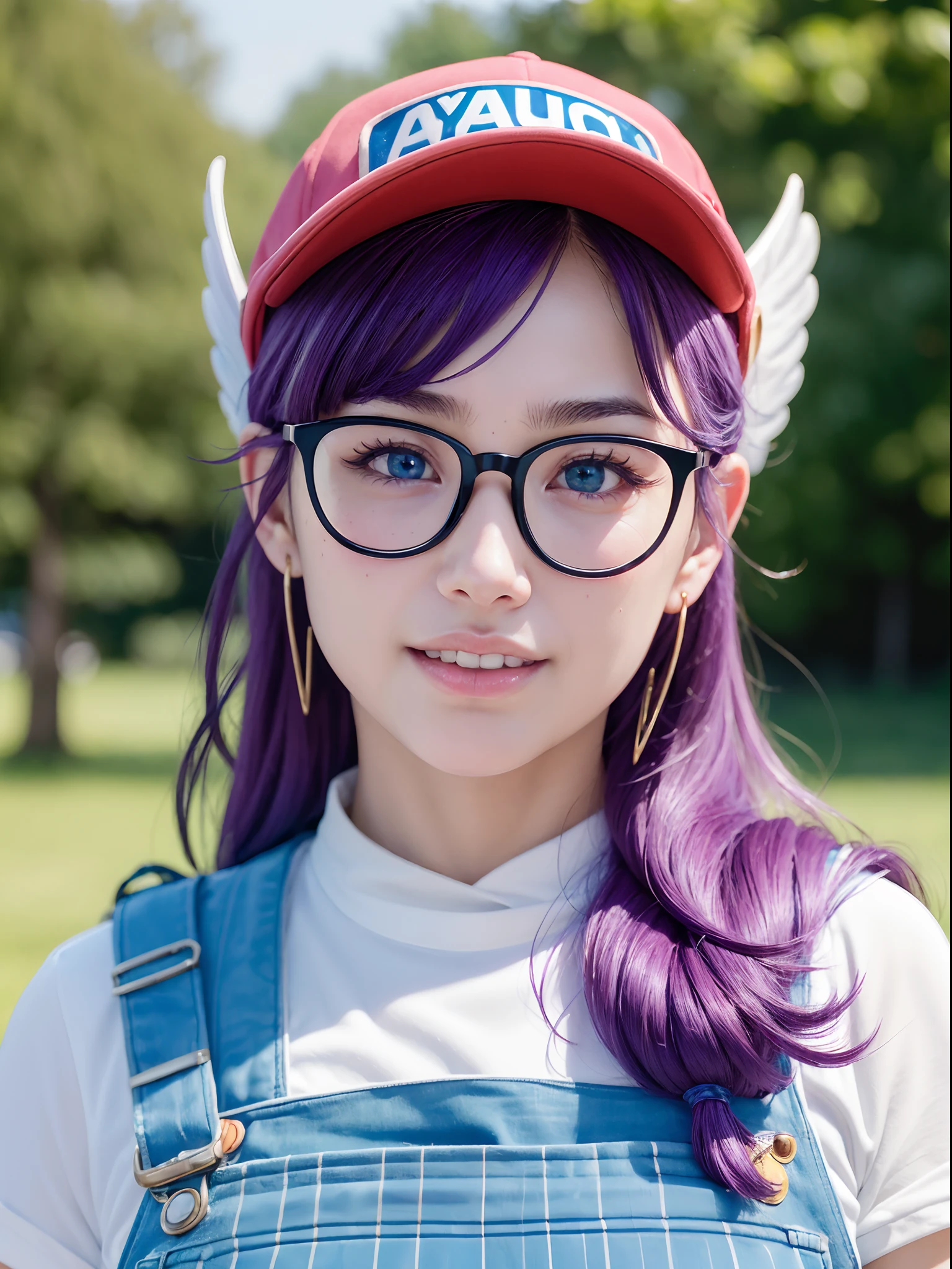 (masterpiece, best quality:1.4), (close up:1.5) (face focus:1.5), 1girl, solo, (european youth:1), arale, glasses, blue eyes, long hair, purple hair, short sleeves, wing hat, (wing cap), red shirt, blue overalls, looking at viewer, beautifull smile, beautiful face, highly detailed face, highly detailed eyes, highly detailed skin, skin pores, subsurface scattering, realistic pupils, full face blush, full lips, detailed background, depth of field, volumetric lighting, sharp focus, absurdres, realistic proportions, good anatomy, (realistic, hyperrealistic:1.4), 16k hdr,