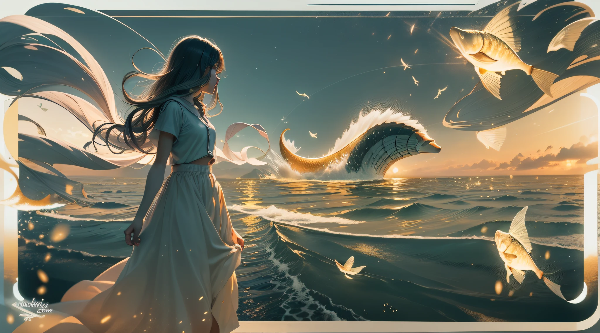 （（The light forms the silhouette of marine fish）），（（Transparent with firefly effect：1.5）），（Shining with golden light），Floating on the surface of the sea，Firefly silhouette，cleanness，nigth，People to look up，Wide-angle picture，best qualtiy，tmasterpiece，（8k)，Extremely detailed，Epic artwork