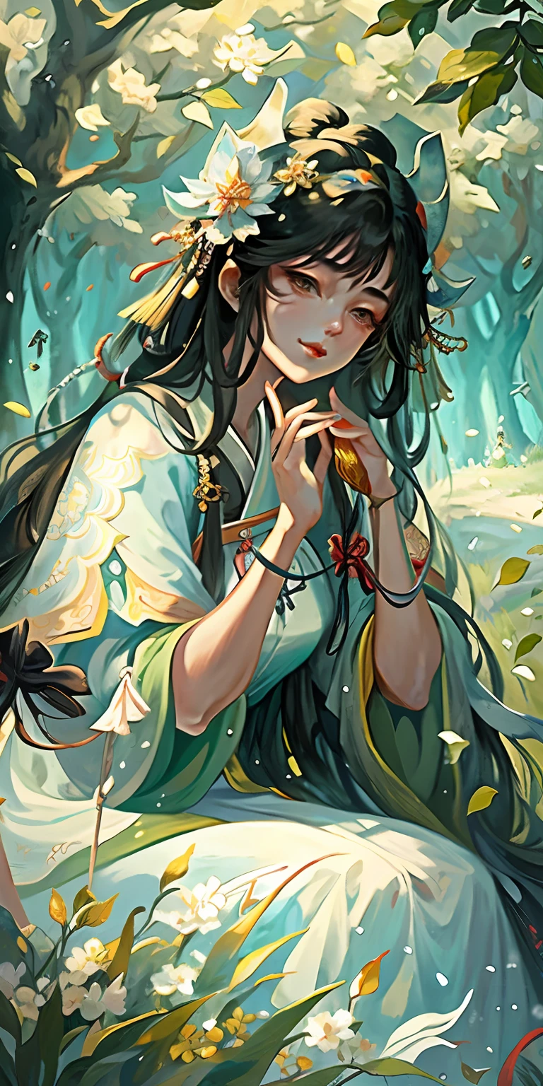one-girl, Ancient Chinese clothing, rays of sunshine, Clear face, Sit in the grass,the woods,Background with, tmasterpiece, super detailing, Epic composition, hyper HD, high qulity, extremely detaile, offcial art, Uniform 8k wallpaper, super detailing, 32k -- v 6