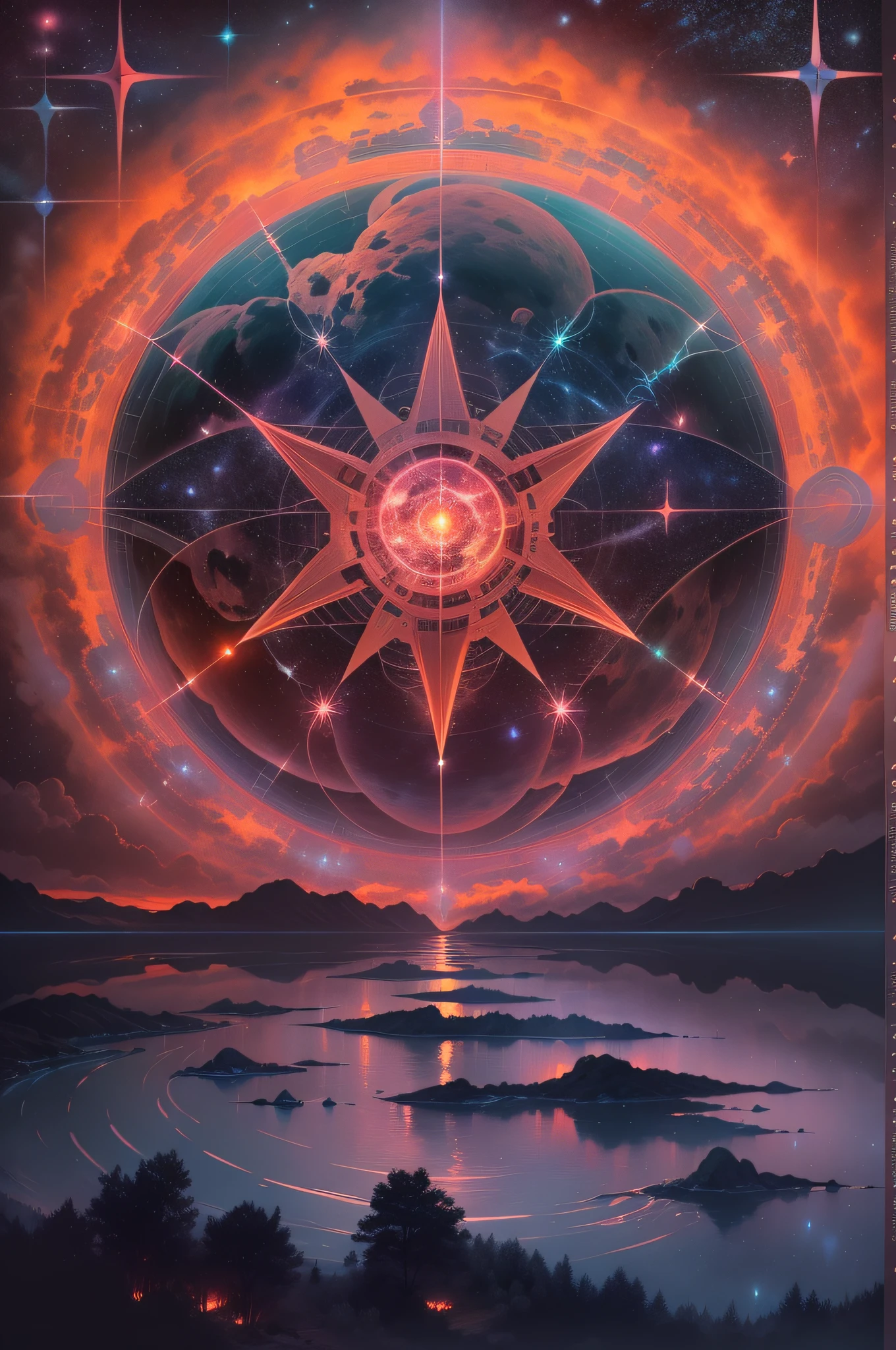 In the vast cosmos, a striking scene emerges. The focal point is an open cosmic sea named the 'Nirvana,' stretching infinitely. At its heart, an imposing 'Compass Rose' rises on the horizon, its intricate symbols guiding the way.
The backdrop is captivating: half the sky is painted with a warm sunset, merging orange and pink with twilight. The other half boasts a velvety night sky, adorned with constellations that twinkle like diamonds.
Within this cosmic panorama, an aura of transcendence envelops all, beckoning explorers. The 'Nirvana' paths hold boundless possibilities, each choice reflecting a profound soul journey.
Embracing cinematic artistry, this scene thrives in 4k ultra-realism. Every detail is meticulously rendered, blurring lines between imagination and cosmic reality. As light and darkness merge, a breathtaking vista emerges, inviting observers to transcend known reality.