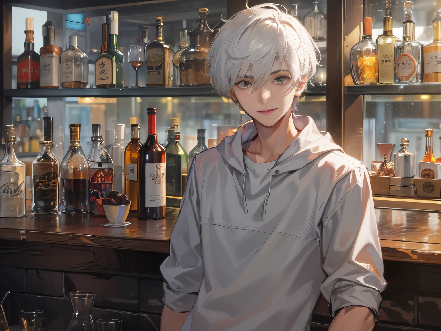 An 18-year-old boy with short white hair and white half-sleeves,Stand in front of the bar,With a smile,Upper body display,Inside a modern urban bar,grand master,tmasterpiece,8k wallpaper,CG,Ultra-high image quality