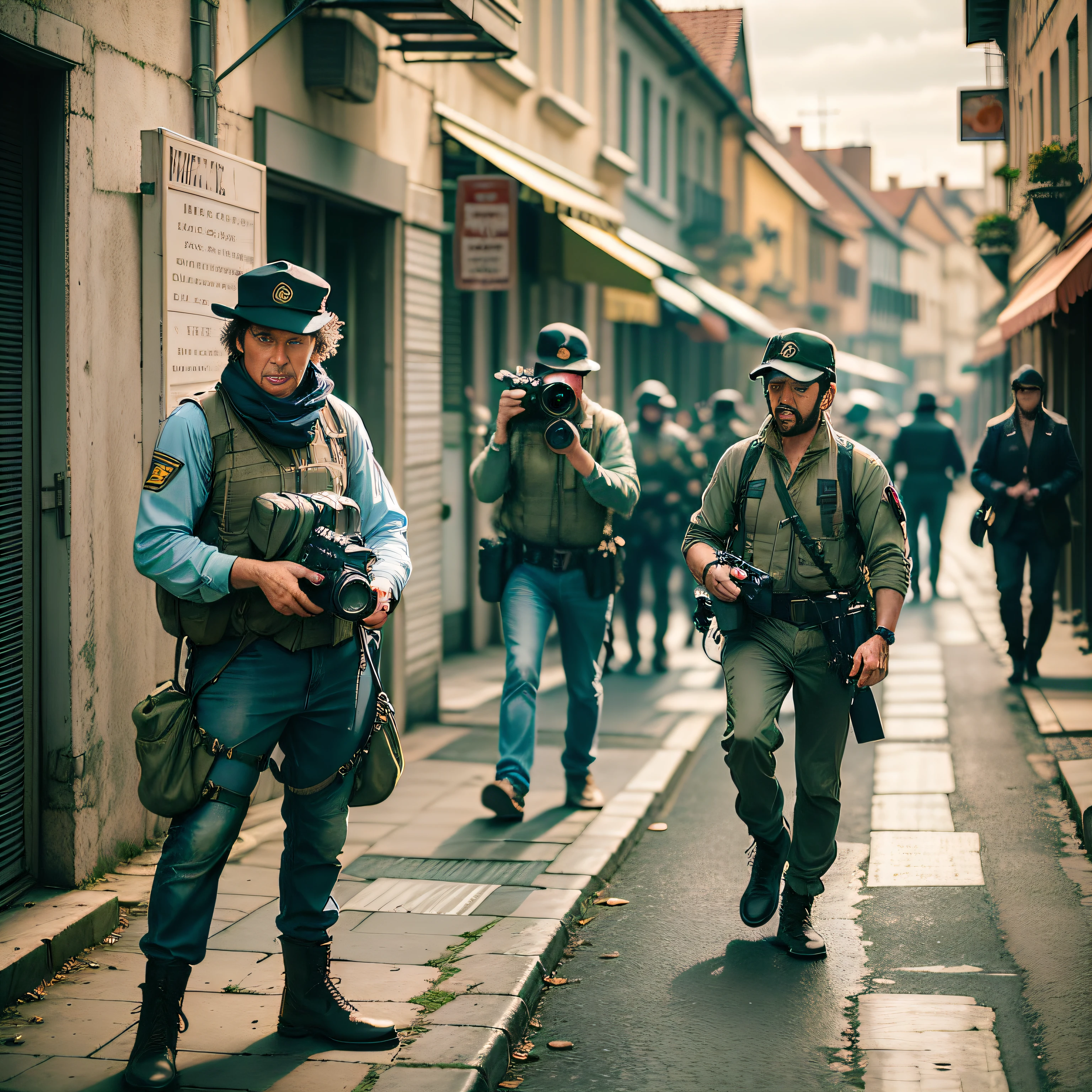 Photographer with camera,Filming action actors, The set of a war movie,There are traces of gunfights, helicoptere,shootout