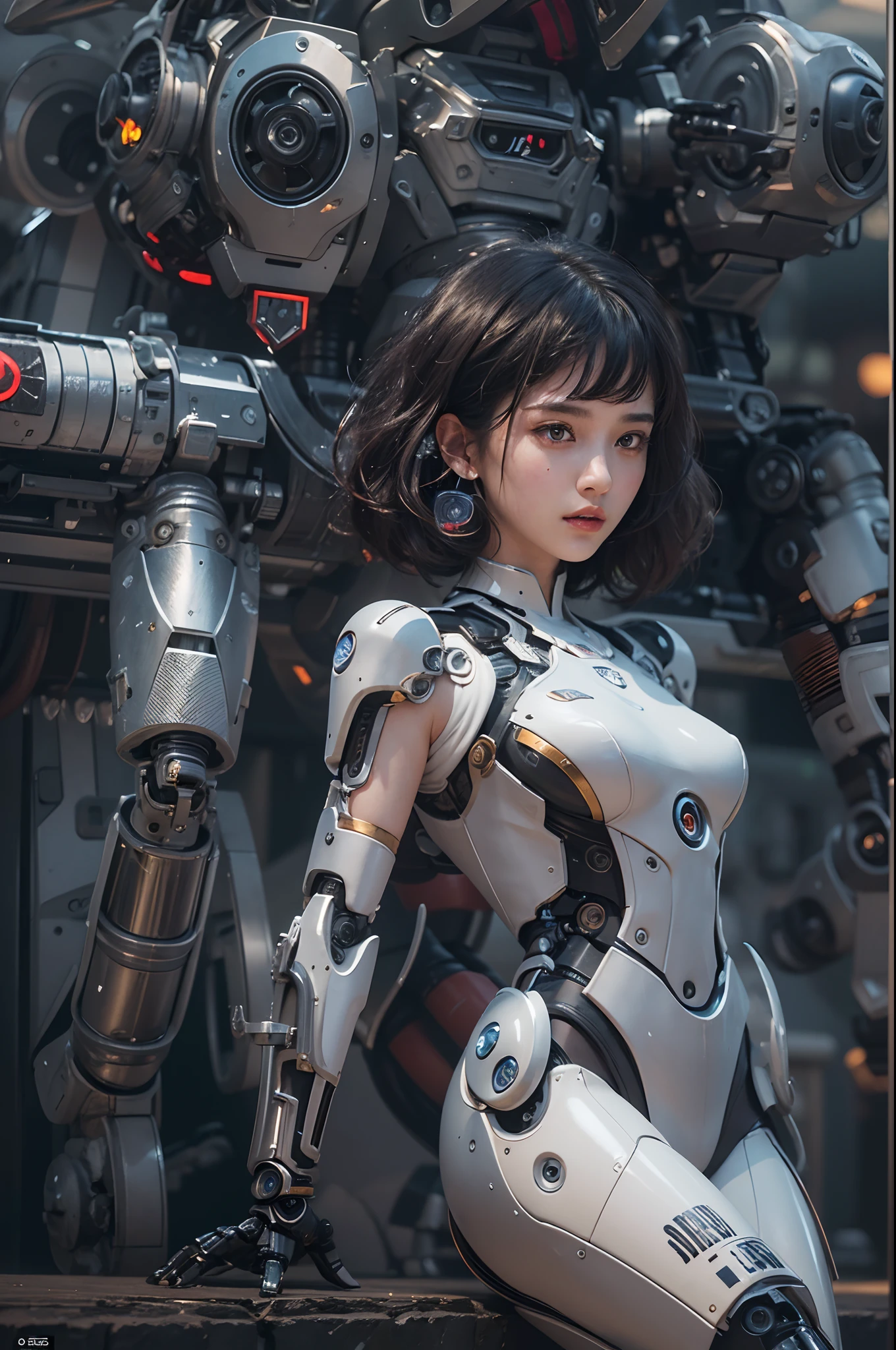 ((Masterpiece))), ((Best Quality))), ((Ultra Detailed)), (Ultra Real), (Highly Detailed CG Illustration), Cinematic Light, Realistic, Very Beautiful Young Lady, (Beautiful Face and Lips), Intricate Details, Full View, Weapon, Robotic Arm, Cinematic Quality, Full Body, Short Black Hair