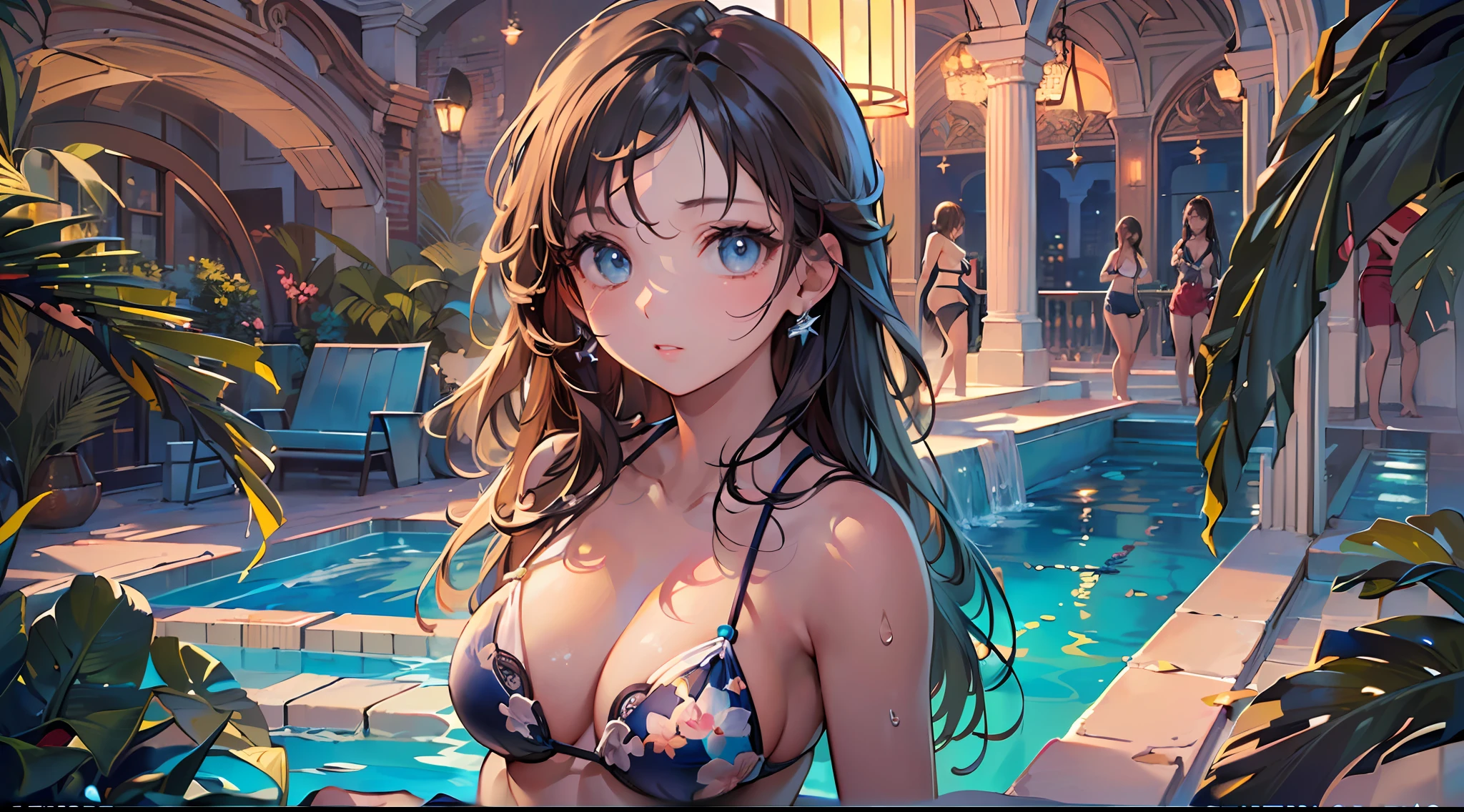 (Masterpiece, top quality, super detailed CG, ultra detailed beautiful face and eyes,super detailed, intricate details:1.2), 8k wallpapers, elaborate features,
(1 person, solo:1.4)perfect cartoon illustration,(1 person, solo:1.4),
1 girl, night pool, swimwear, full body illustration