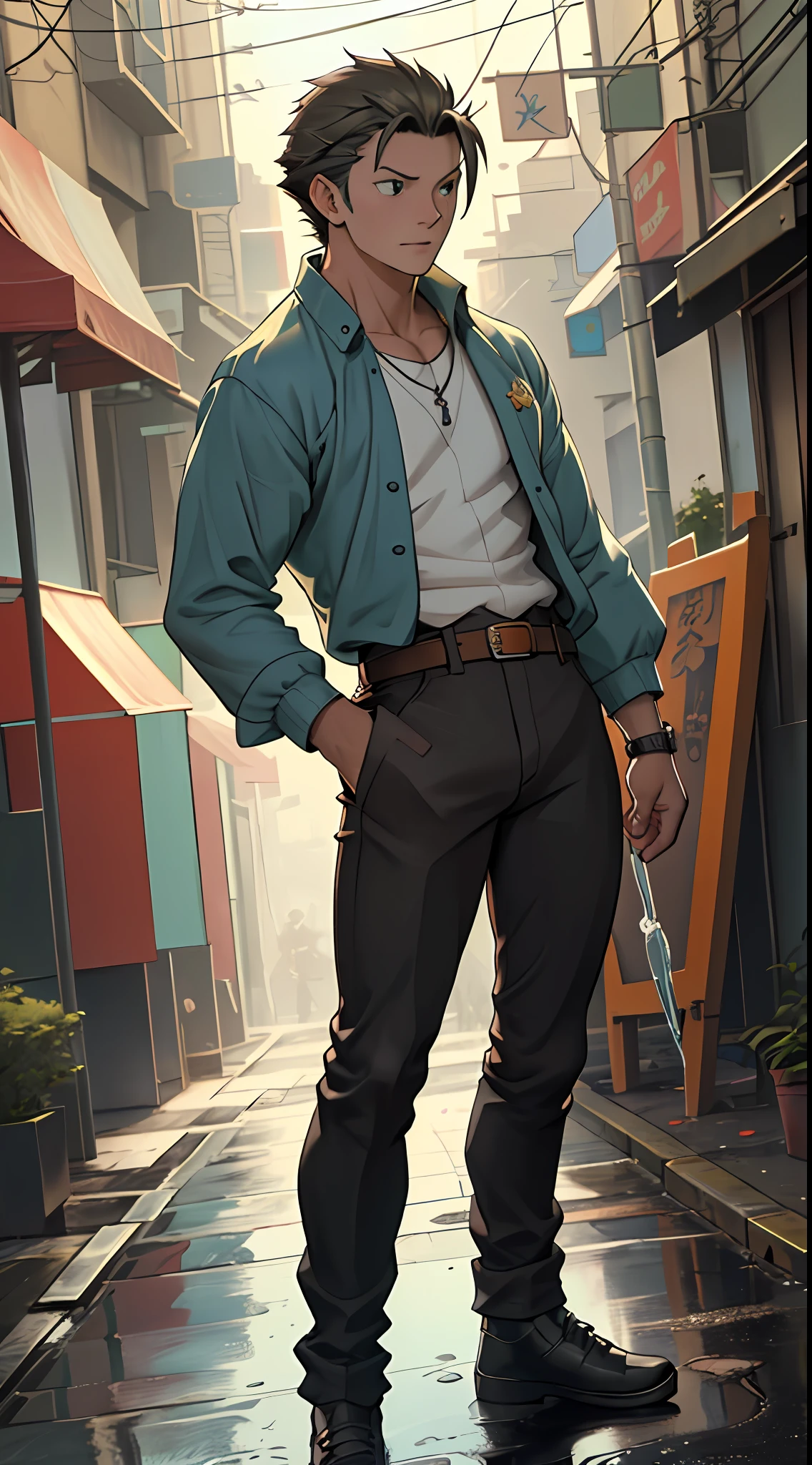A3R1, Aerith multi-view upper body,Pants view,legs standing together,A3R1,pissing,Pee yourself,His own urine ran down his leg,perfect male figure, Aerith Gainsborough ,Hold the small belt,Pee from his legs,blue colored eyes,Surrounded by other people,
Stand on the very busy streets of Midgar City,and the sun was shining brightly,tiese,long sleeves shirt,short detailed hair,Wrist watch,Black trousers,Black leather shoes,Nervously bow your head,is shy,embarressed,exhilarated,is shocked,panicking,worry,exteriors,On dry ground,
A small puddle of his own urine formed around his feet,Very eager to pee,Wet yourself,Urine discharge,high detal,hentail realism,ultra-realistic realism,three sided view, Curated masterpieces,A high resolution, hyper HD ,anatomy correct,super detailing,best qualtiy,A high resolution,8K