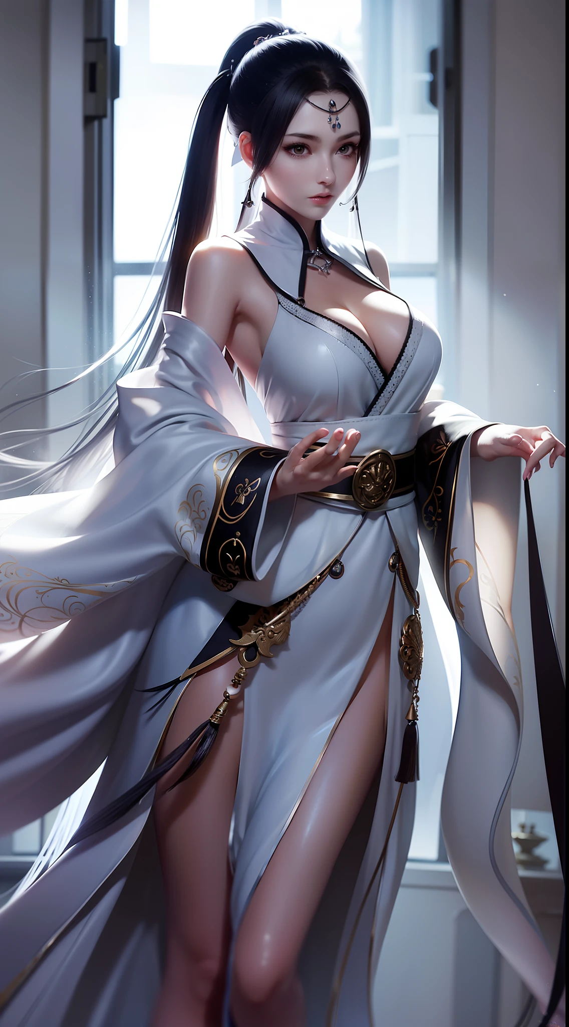 （best qualtiy，tmasterpiece：1.2），超高分辨率，realisticlying，Front lighting，Complicated details，Exquisitedetailsandtextures，1girll，独奏，（年轻），Facial highlights，The upper part of the body，Detal Face，tear-mole，white skinned，Black color hair，pony tails，pigtails，looking at viewert，largeeyes，Silk robes，（Openwork pattern，white colors，silkouette），耳Nipple Ring，mediuml breasts，slimfigure，Deluxe Room，profesional lighting，photon maping，Radio City，physically-based renderingt，