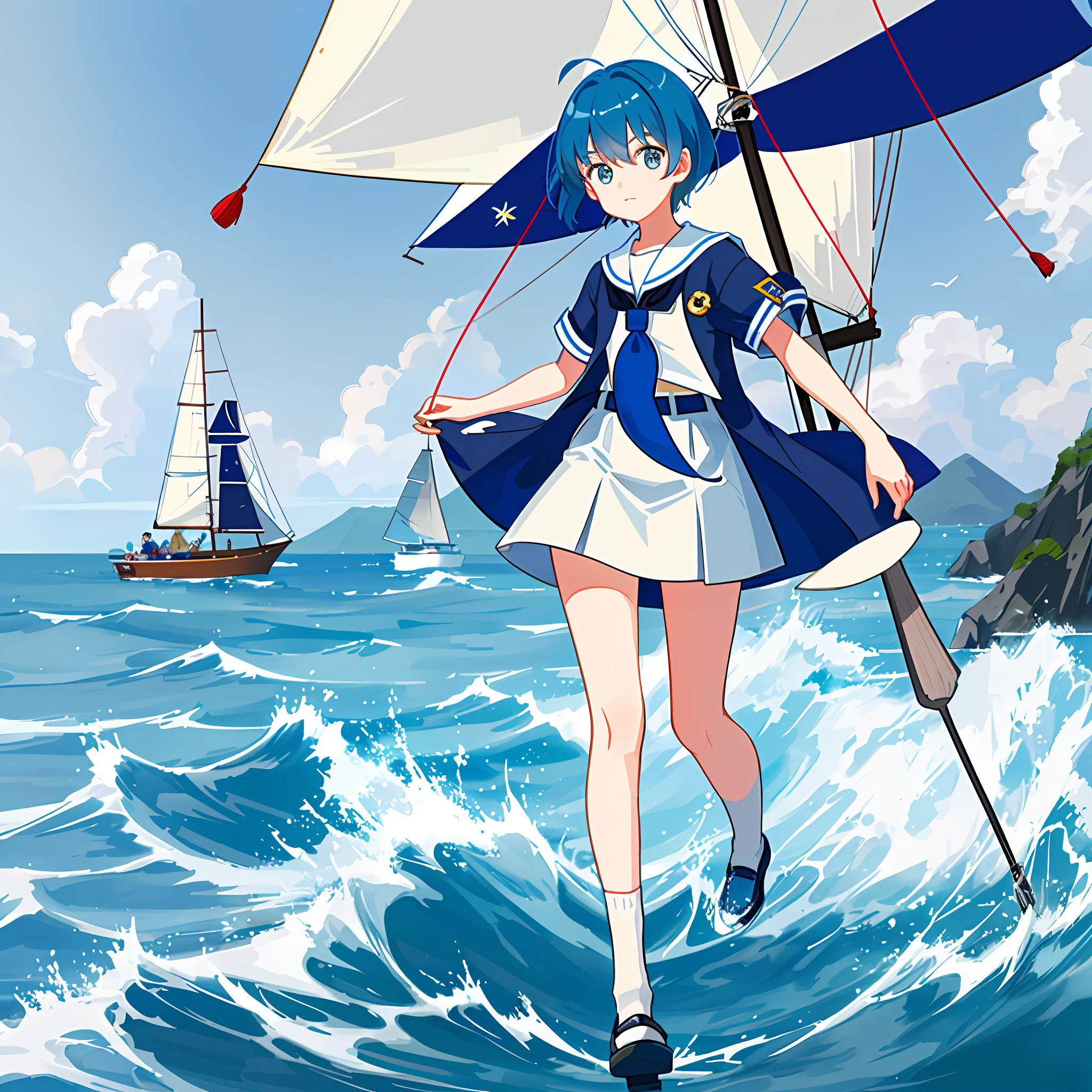 Two-dimensional Gagam standing painting:Short blue hair,Short height,a sailor suit,Kizi