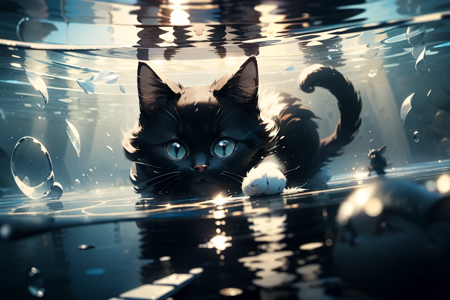 Black cat，Heteropupil，fights，white bandages，Stick，rays of sunshine，Water surface reflection
