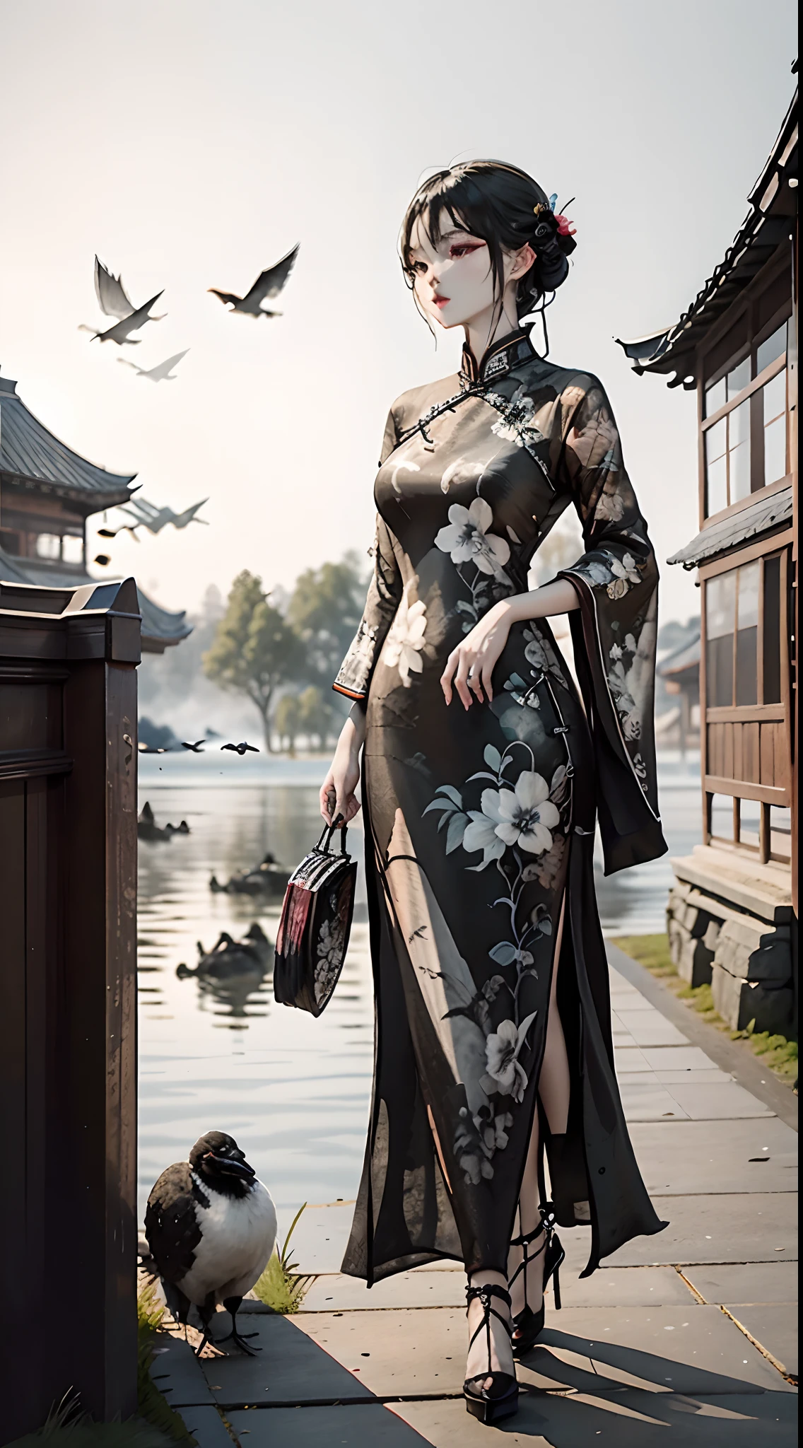 ink and watercolor painting，ink，water ink，（black, White and gray：1.5），（Cheongsam beauty：1.4），Modern cheongsam，high-heels，the setting sun，Wild geese in the sky in the distance，Ancient buildings are scattered，Works of masters，super-fine，high qulity，8K分辨率