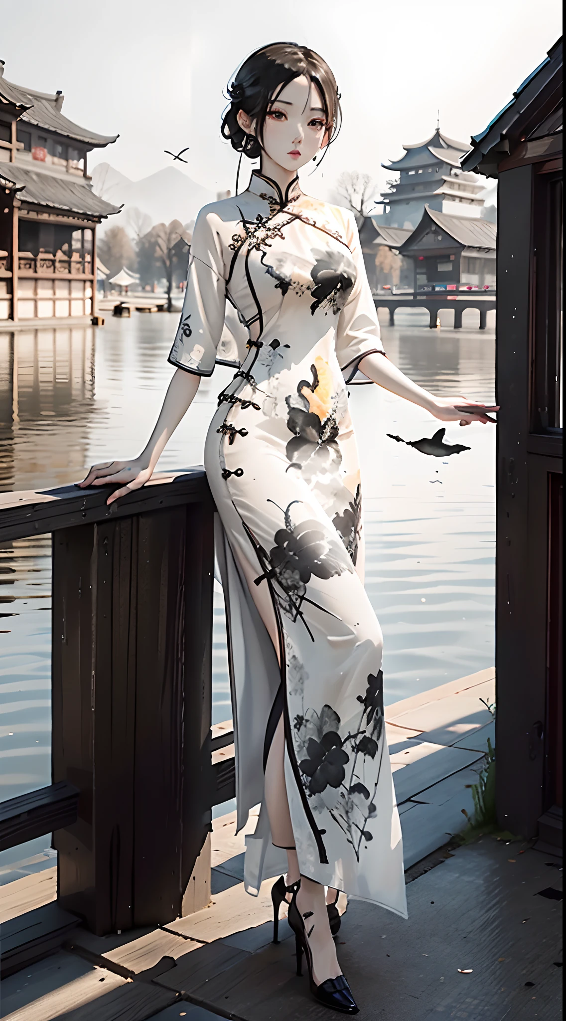 ink and watercolor painting，ink，water ink，（black, White and gray：1.5），（Cheongsam beauty：1.4），Modern cheongsam，high-heels，the setting sun，Wild geese in the sky in the distance，Ancient buildings are scattered，Works of masters，super-fine，high qulity，8K分辨率