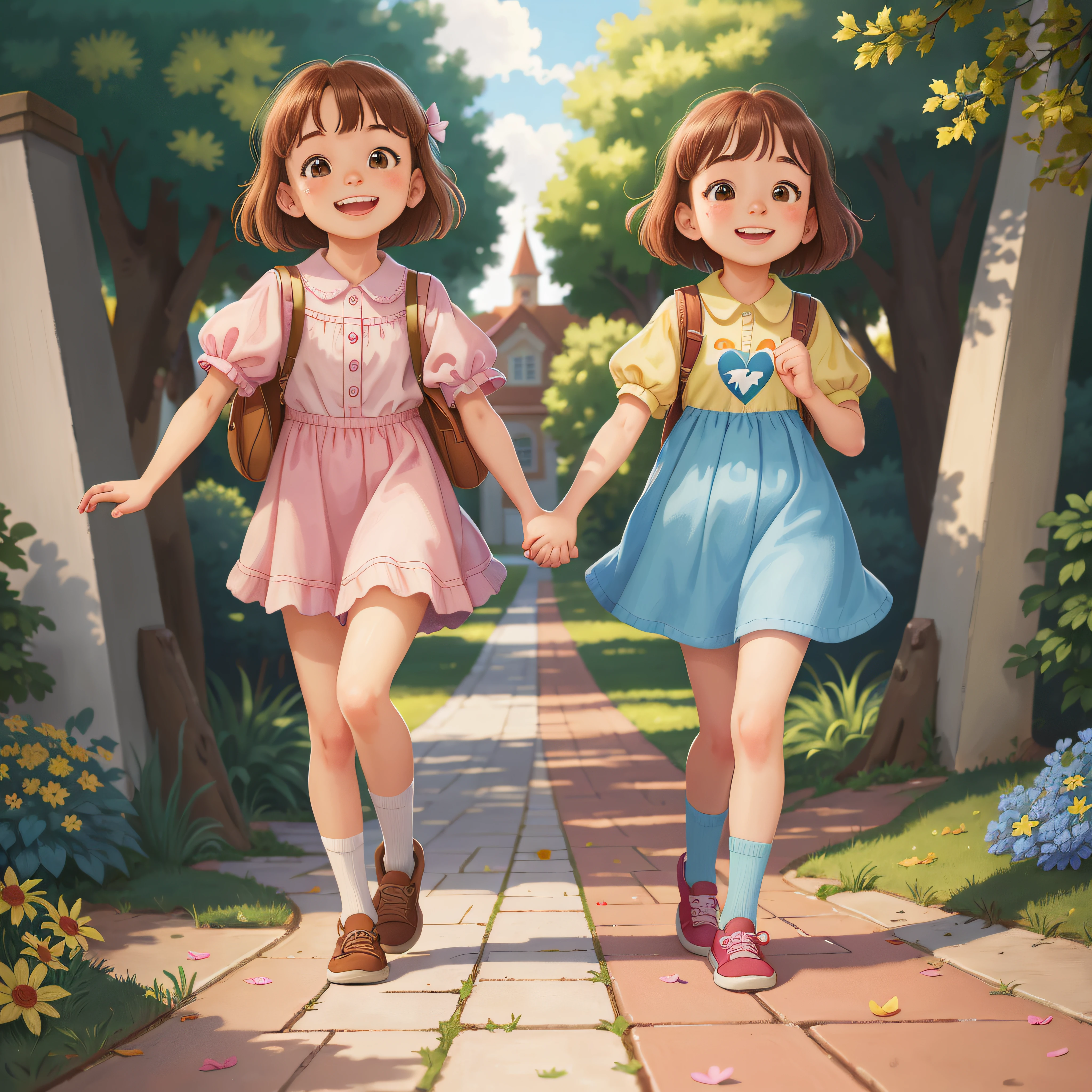 two childhood sweethearts walked hand in hand on the campus path, smiling brightly, happy, perfect quality, clear focus (clutter - home: 0.8), (masterpiece: 1.2) (realistic: 1.2) (bokeh) (best quality) (detailed skin: 1.3), (intricate details) (8K) (detailed face), (detail eyes) (sharp focus), (happy), depth of field control method