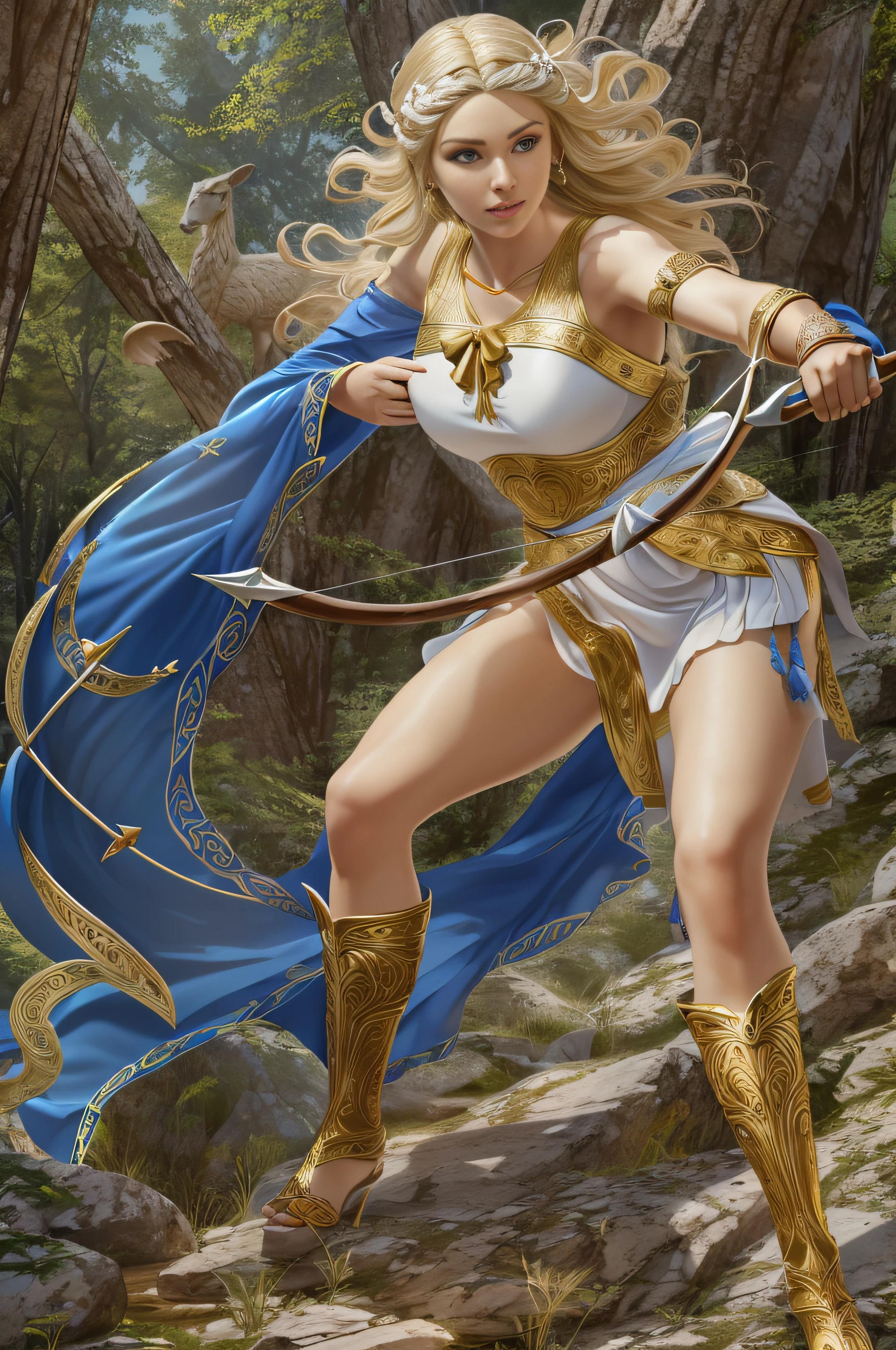 Young virgin goddess of wild nature and hunting, with (((Blonde hair))) And (((Blue eyes))), Amazingly beautiful, is fair-skinned, slender and tall, Show off her perfect pair of long legs, wears {sleeveless, (Very short: 1.7), (white:1.5), Greek chitons, With golden border}, Abs, "Looks strict and determined", What's on ((Golden bow)), Running and chasing prey, archery, Mythical Arcadian mountains and forests, Greek mythology, vibrant and lively atmosphere, Photorealistic, Hyper-Realism, ultra-quality, Super Detail, ultra accurate description of hand, masutepiece, 8K, nffsw