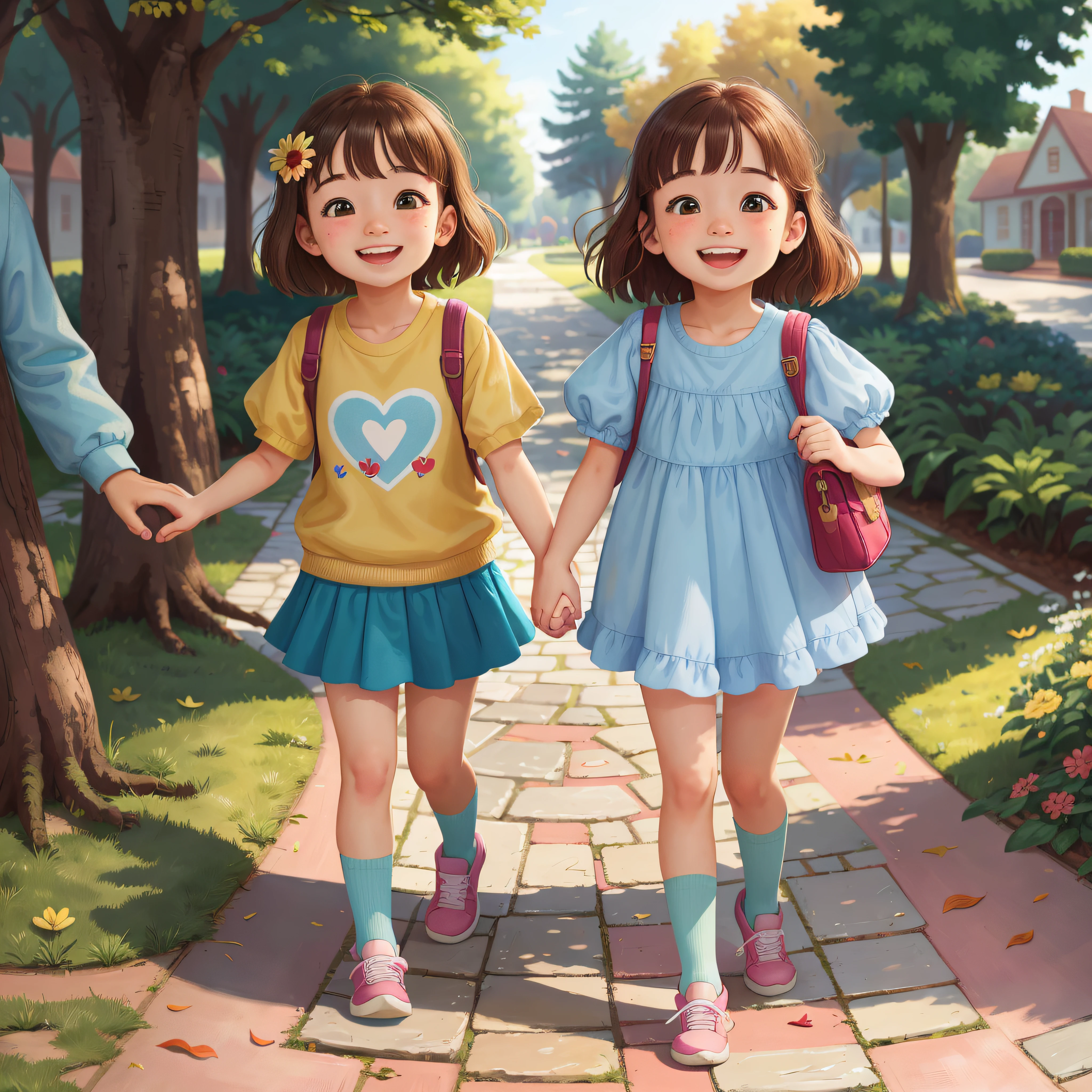 two childhood sweethearts walked hand in hand on the campus path, smiling brightly, happy, perfect quality, clear focus (clutter - home: 0.8), (masterpiece: 1.2) (realistic: 1.2) (bokeh) (best quality) (detailed skin: 1.3), (intricate details) (8K) (detailed face), (detail eyes) (sharp focus), (happy), depth of field control method