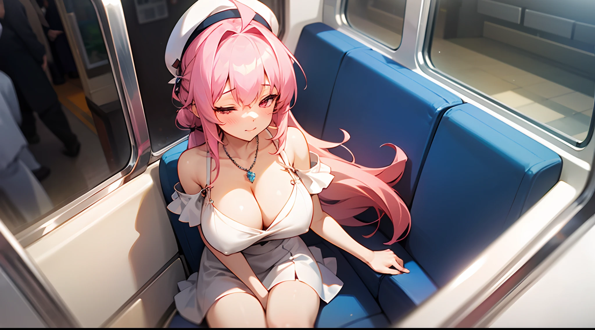 1 girl, game CG, white dress, cleavage visible, shoulders visible, white short skirt, white beret, jewel pendant, gigantic breasts, pink hair, long hair, hair up, princess hairstyle, ahoge, pink eyes,pov, on train, sitting on chair, eyes closed,