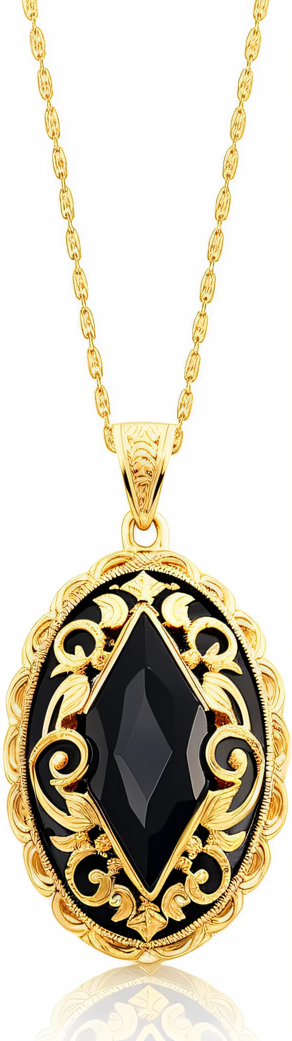 Black and gold pendant，There is a black agate in the middle, pendant, gold ornate jewely, Gold jewelry filigree, gold filigree, Gold jewelry, Filigree jewelry, Detailed filigree, highly detailed gold filigree, black jewelry, golden filigree, Baroque art jewelry, gold jewerly, 1 6 k, 16k, filigree