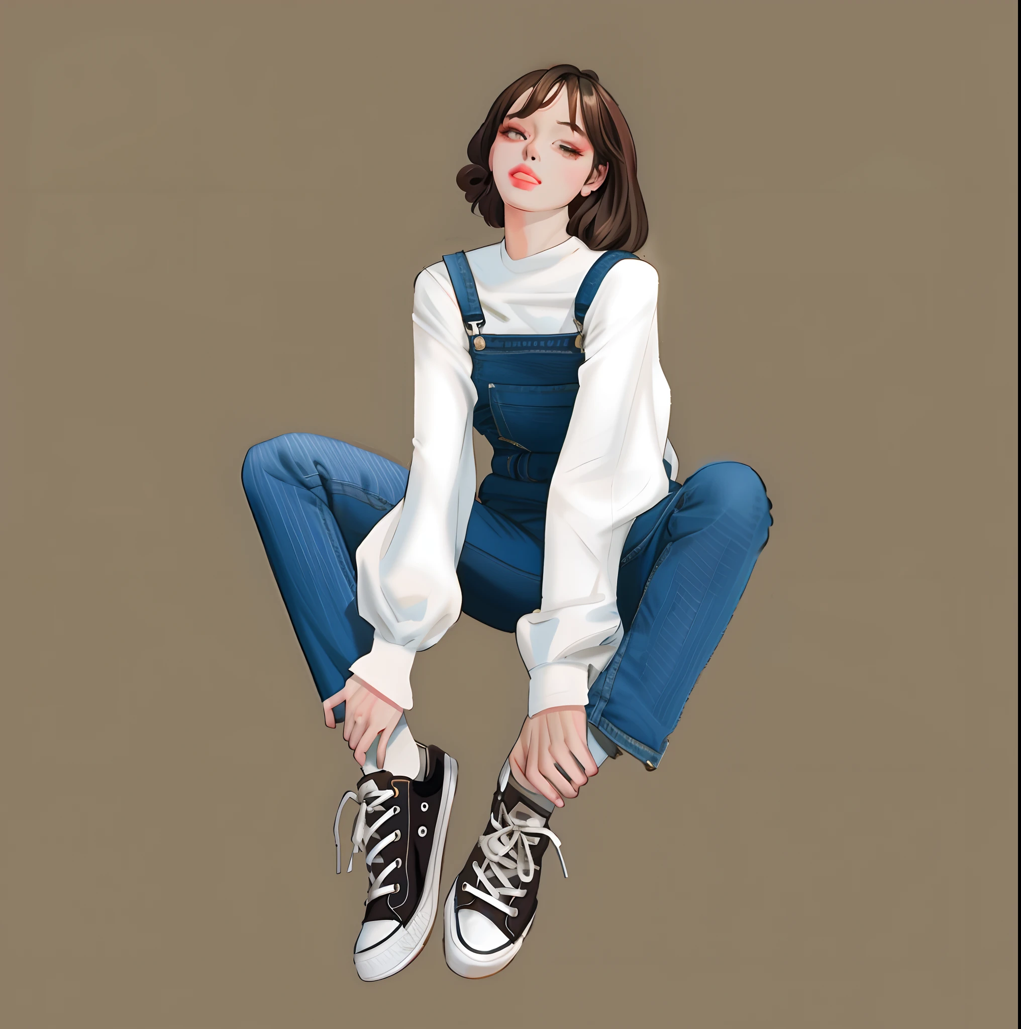 There was a woman sitting on the ground,feet crossed, Full body illustration, full-body portraits, urban girl fanart, full body portrait of a short!, full body character portrait, realistic art style, Wearing overalls, full body commission for, realistic portrait full body, lovely art style, artist wearing overalls, Casual pose, anime full body illustration