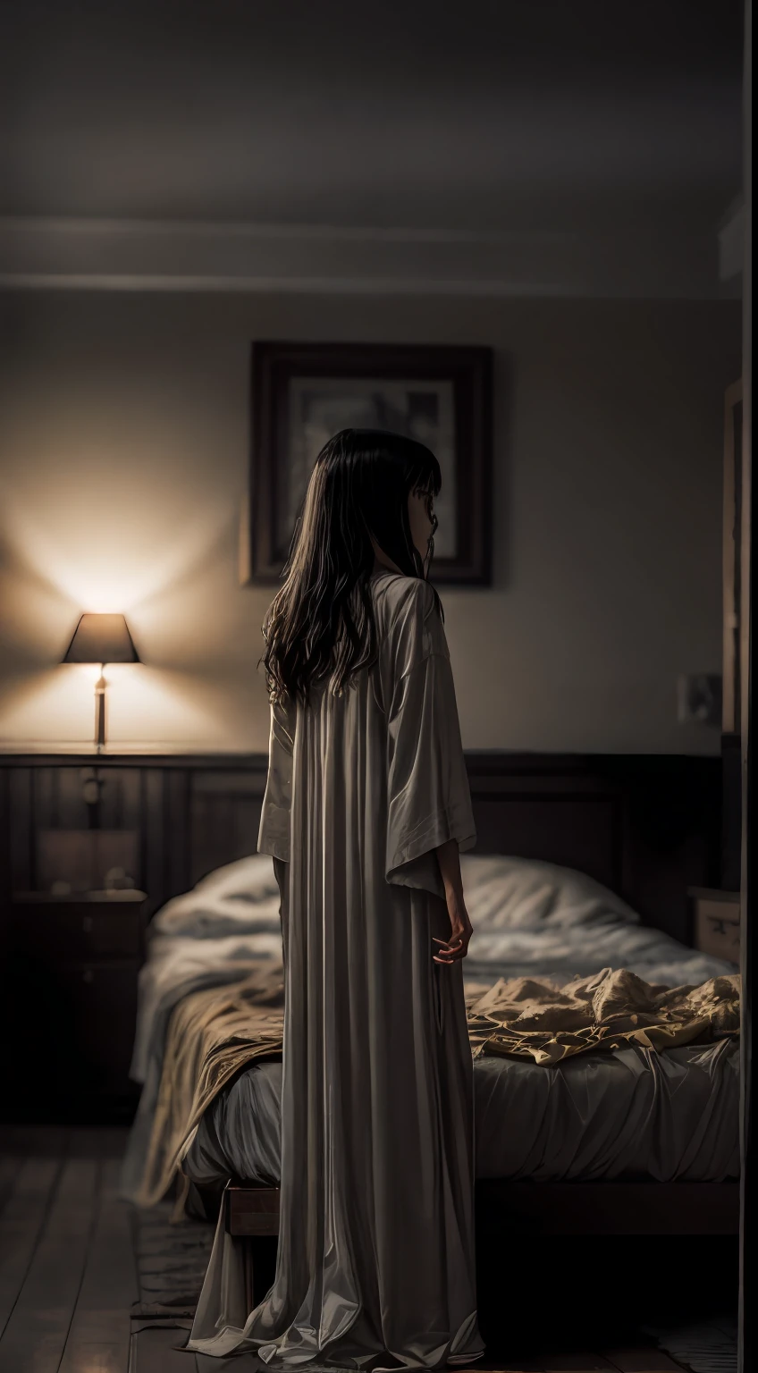 horror film shot of a creepy girl with long straight black hair, no face, wearing a dirty hospital gown, standing alone inside a mansion at night, photo frame on the wall, rule of the thirds, tonal color scheme, pale brown, pensive stillness, bokeh, mystery, horror, unholy, eerie, creepy, moody lighting, in the style of denis villeneuve, film still, cinestill 800