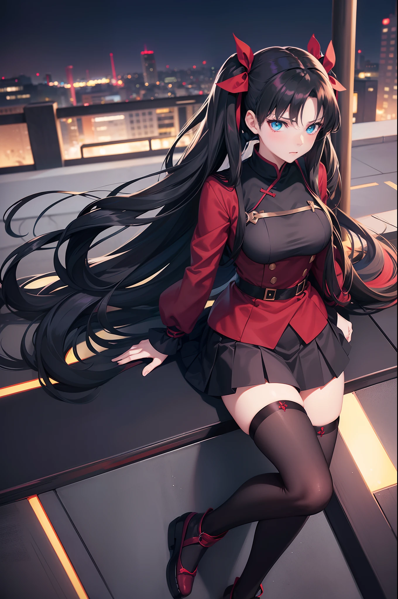 an anime girl, long black hair, twintails, rin tohsaka's bangs in fate staynight, Rin Tohsaka's face, wearing elegant black Japanese school uniform, long legs, wearing stockings, Night street background, rooftop, magic effect, turquoise eyes