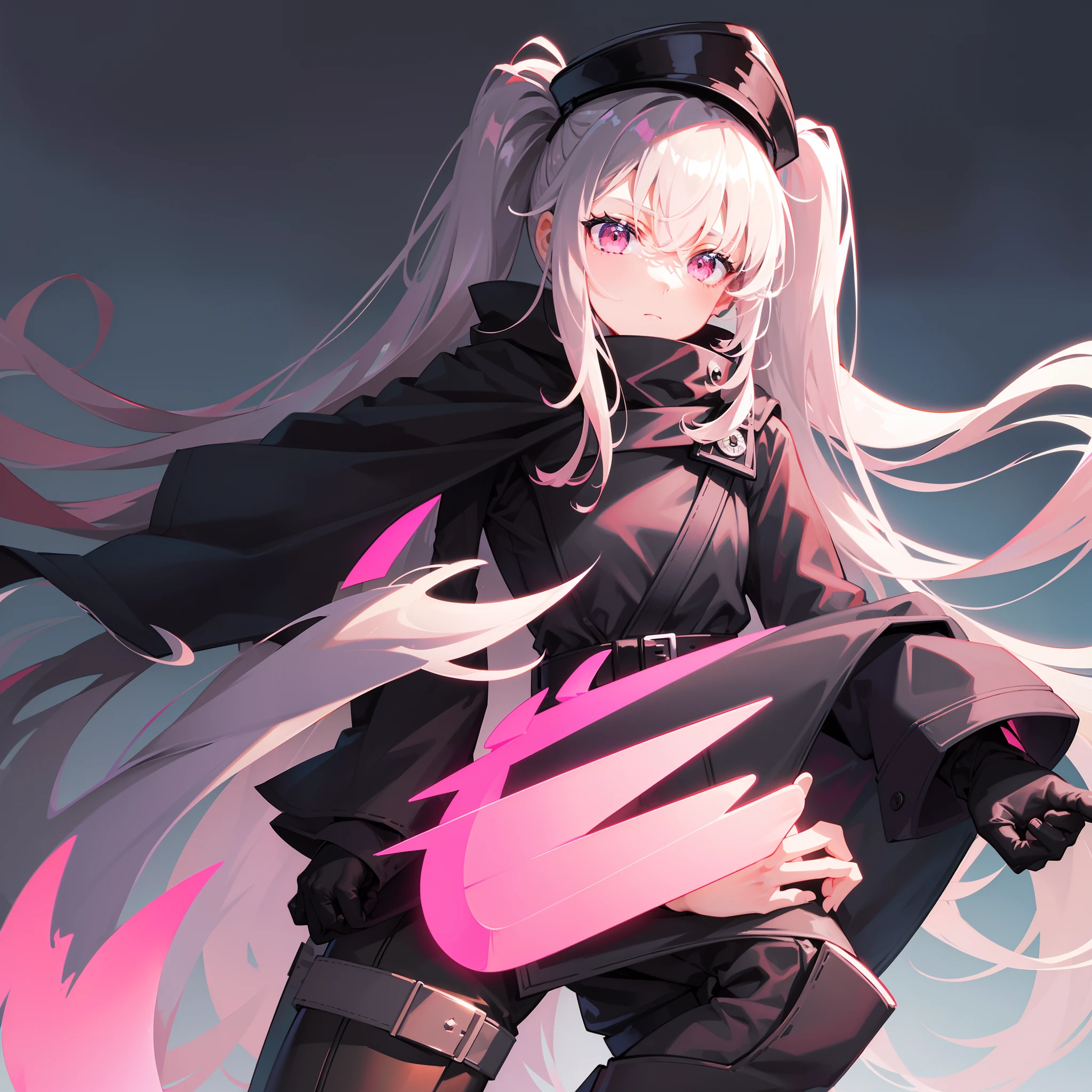 Masterpiece, best quality, light gray hair, pink eyes, ponytailed, tight black coat with teal streaks & short cape, black military hat, brown leggings, dark boots.