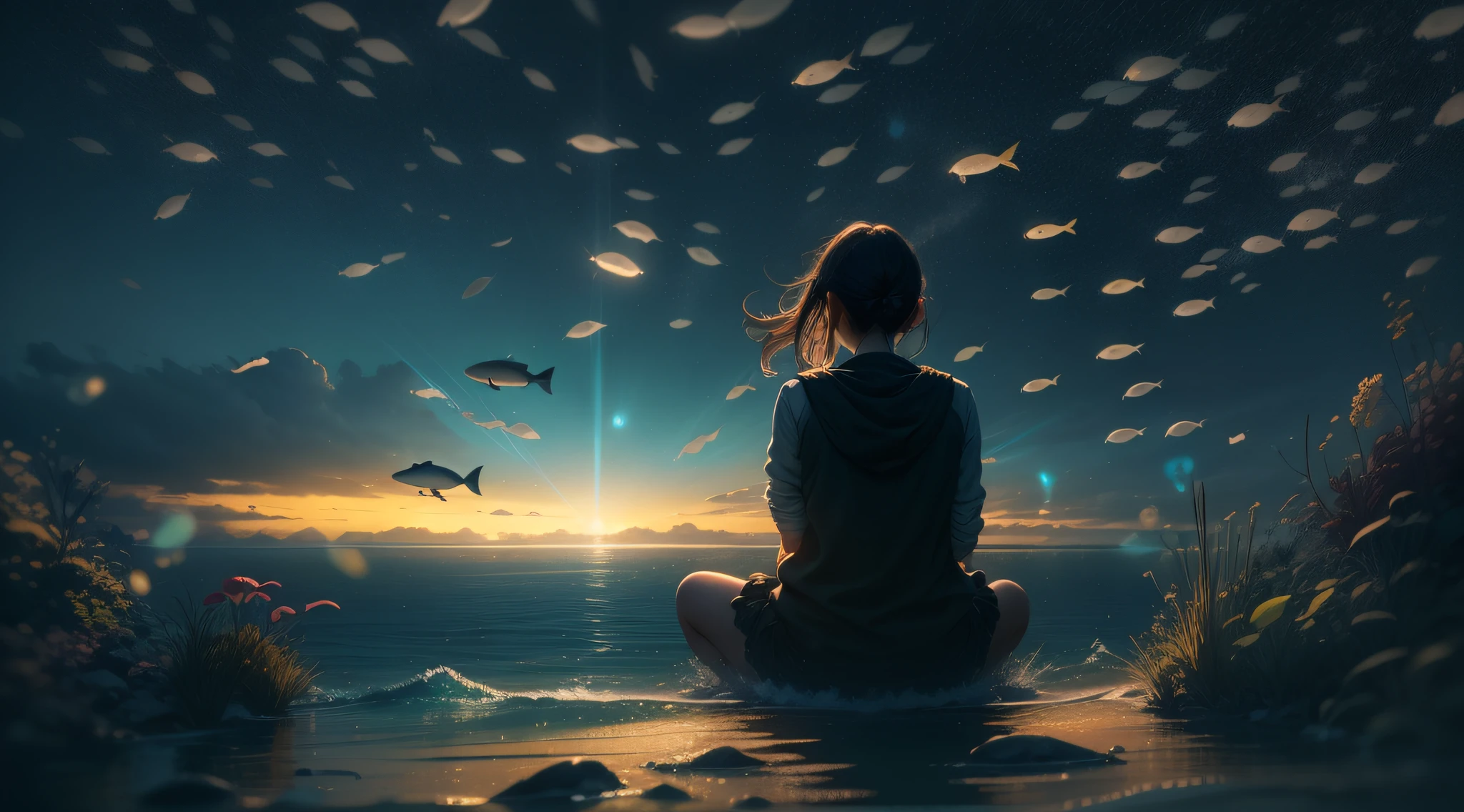 ((The light forms the silhouette of marine fish)),((Transparent with firefly effect:1.5)),(Shining with golden light),Floating on the surface of the sea,Firefly silhouette,cleanness,nigth,People to look up,Wide-angle picture,best qualtiy,tmasterpiece,(8k),Extremely detailed,Epic artwork