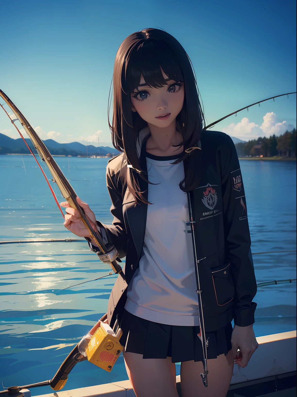 ((((Have a fishing rod with a reel by the lake)))),((Best Quality, masutepiece :1.3)),((( Only one fishing rod:1.9)))hight resolution,ultra-detailliert,Official art,Beauty and aesthetics,​masterpiece,best qualtiy,ighly detailed,1 Japanese woman,Black hair, long eyeslashes, Solid Circle Eyes, deadpan, drop shadow, Atmospheric perspective,Super Detail, ccurate, Best Quality, small tits,Black jacket,top-quality, 8K, nffsw, Hi-Res, absurderes:1.2, blurry backround, bokeh dof:1.2, a picture, (Raw photography:1.2), (Photorealsitic:1.4), (​masterpiece:1.3), (intricate detailes:1.2), Atmospheric perspective,Super Detail, ccurate, Best Quality,