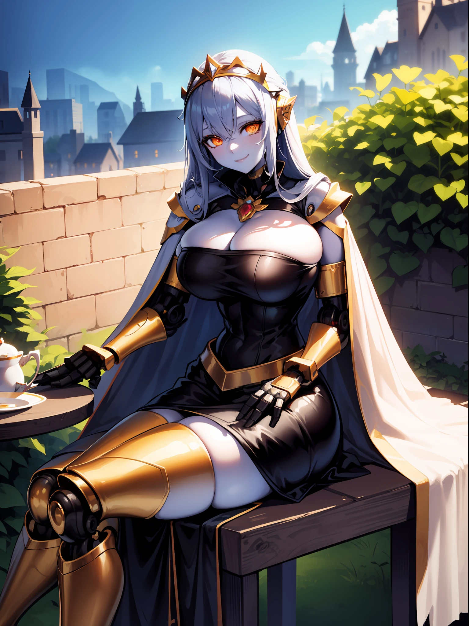 masterpiece, best quality,1girl,solo, robot girl, humanoid robot,robot joints, orange eyes,long hair, (colored skin),huge breasts,tiara, jewelry, armored dress,gold trim, sleeveles,cape,castle in background, (outdoors),garden,sitting,on chair,holding tea cup, light smile