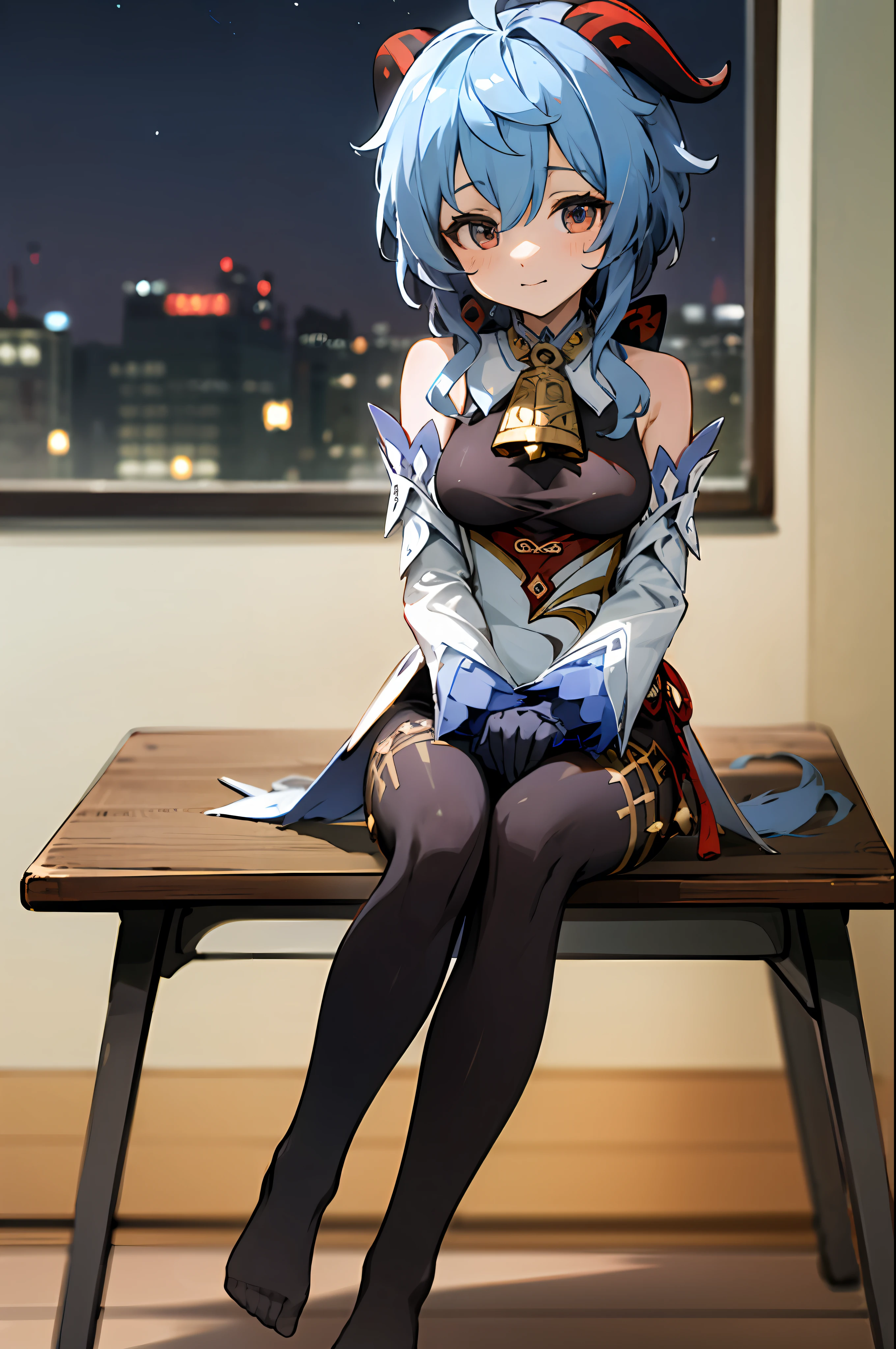 genshin impact ganyu, sitting on table, classroom, green board, lesson, midnight, cute face, ultrasharp, 8k, masterpiece, full body, without shoes