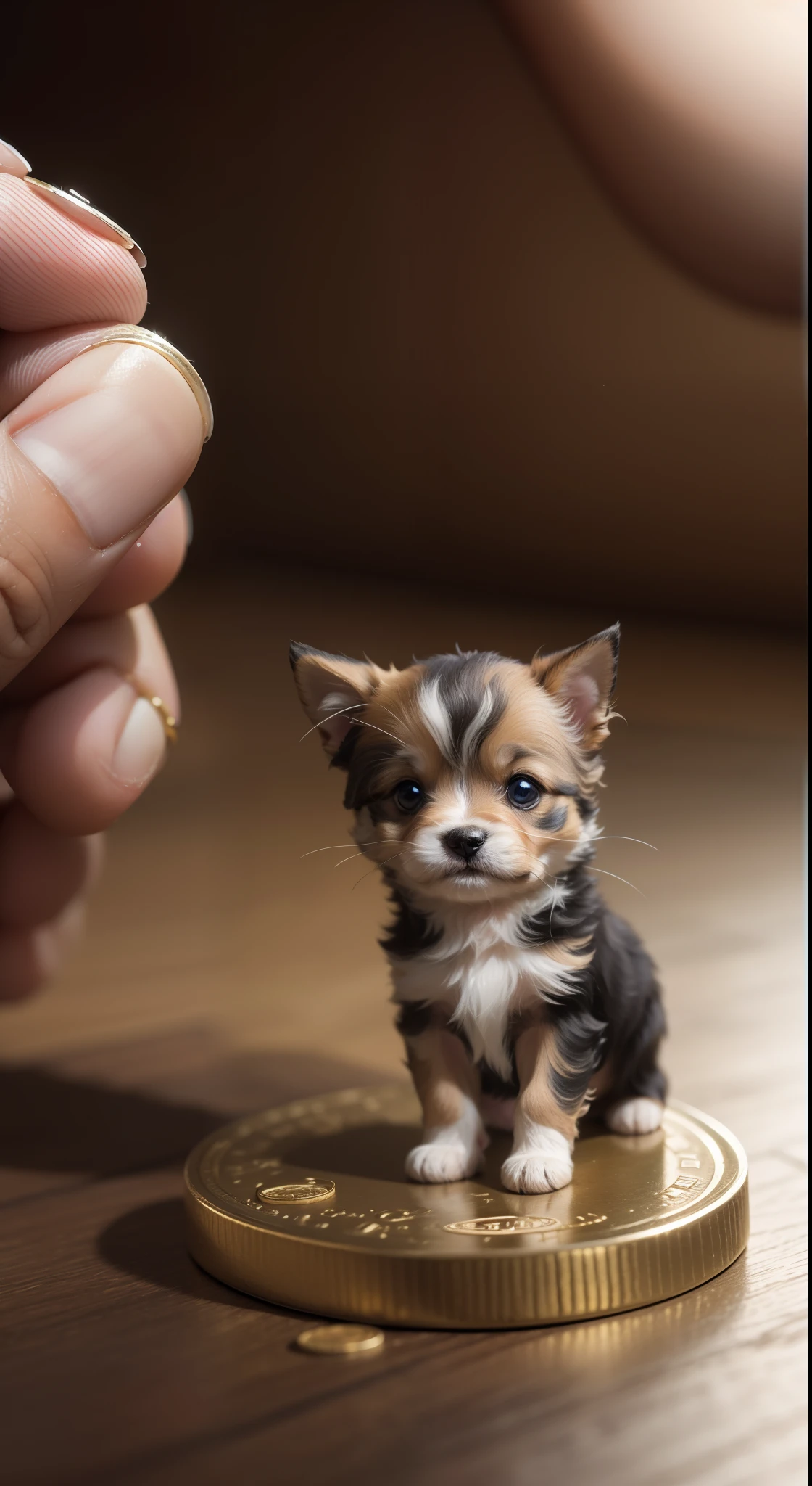 masterpiece, best quality, A super tiny mini puppy on a coin. photo real,classic composition,masterpiece,exquisite,color correction,amazing visual effects,crazy details,intricate details,sharp focus,HD,8k