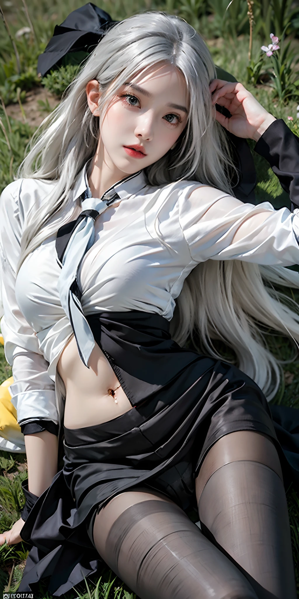 photorealistic, high resolution, soft light,1women, solo, hips up, look at viewer, (detailed face), white hair, long hair, lying on grass, see from below, show panties, see panties, secretary_uniform, black skirt, black pantyhose, panties under, pantyhose tattoo, jewelry