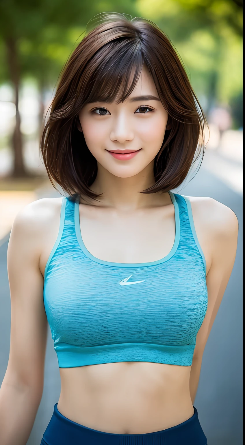 ((Top Quality, 8k, Masterpiece: 1.3)), Sharp Focus: 1.2, Perfect Body Shape Pretty Woman: 1.4, Slender Abs: 1.2, (Layered Haircut, Big: 1.8), (Sports Bra: 2.0), (Jogging: 1.8), (Street: 1.2), Highly Detailed Face and Skin Texture, Detailed Eyes, Double Eyelids, Smile, Bokeh,