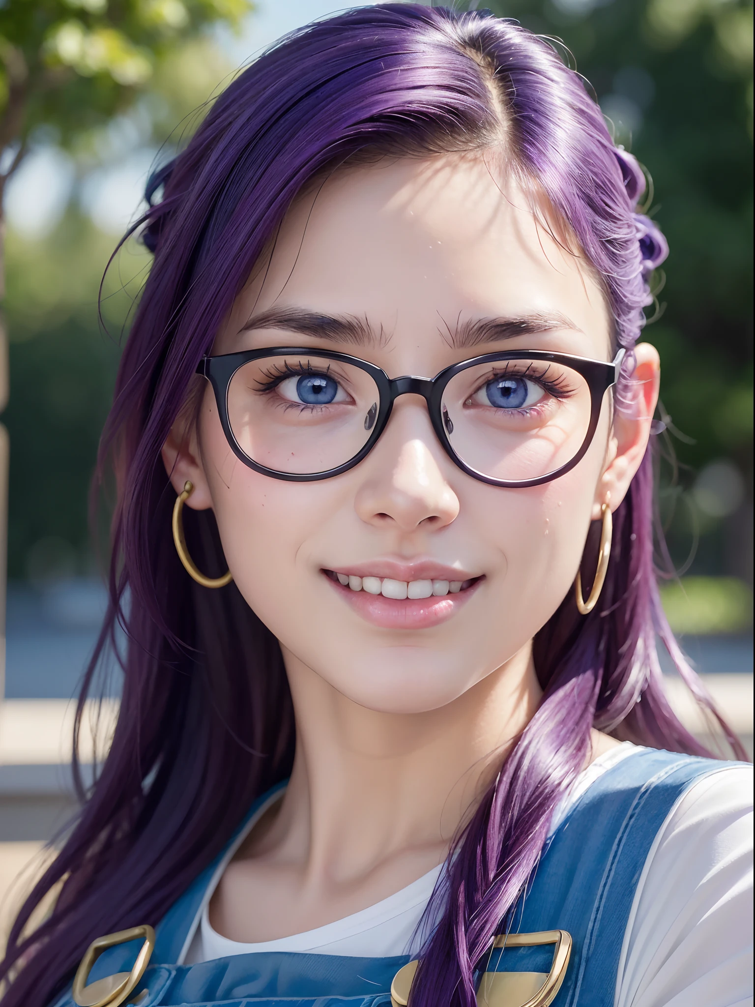 (masterpiece, best quality:1.4), (close up:1.5) (face focus), 1girl, solo, (european youth:1), arale, glasses, blue eyes, long hair, purple hair, short sleeves, wing hat, (wing cap), red shirt, blue overalls, looking at viewer, beautifull smile, beautiful face, highly detailed face, highly detailed eyes, highly detailed skin, skin pores, subsurface scattering, realistic pupils, full face blush, full lips, detailed background, depth of field, volumetric lighting, sharp focus, absurdres, realistic proportions, good anatomy, (realistic, hyperrealistic:1.4), 16k hdr,