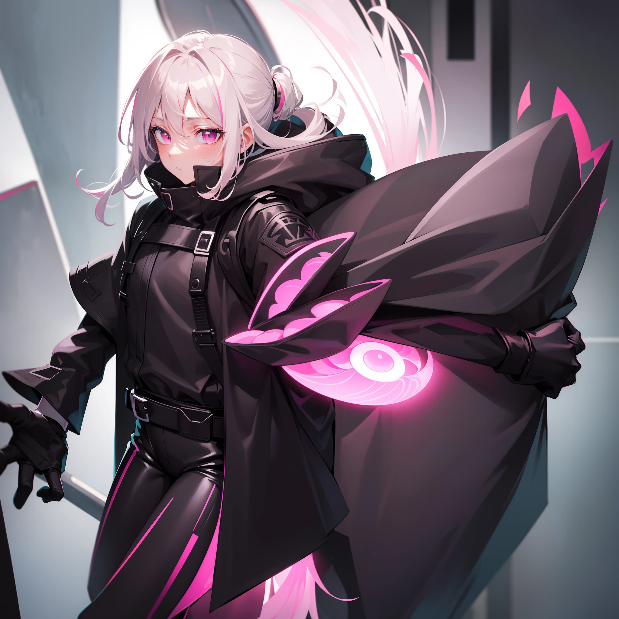 Masterpiece, best quality, light gray hair, pink eyes, ponytailed, tight black coat with teal streaks & short cape, black military hat, brown leggings, dark boots.