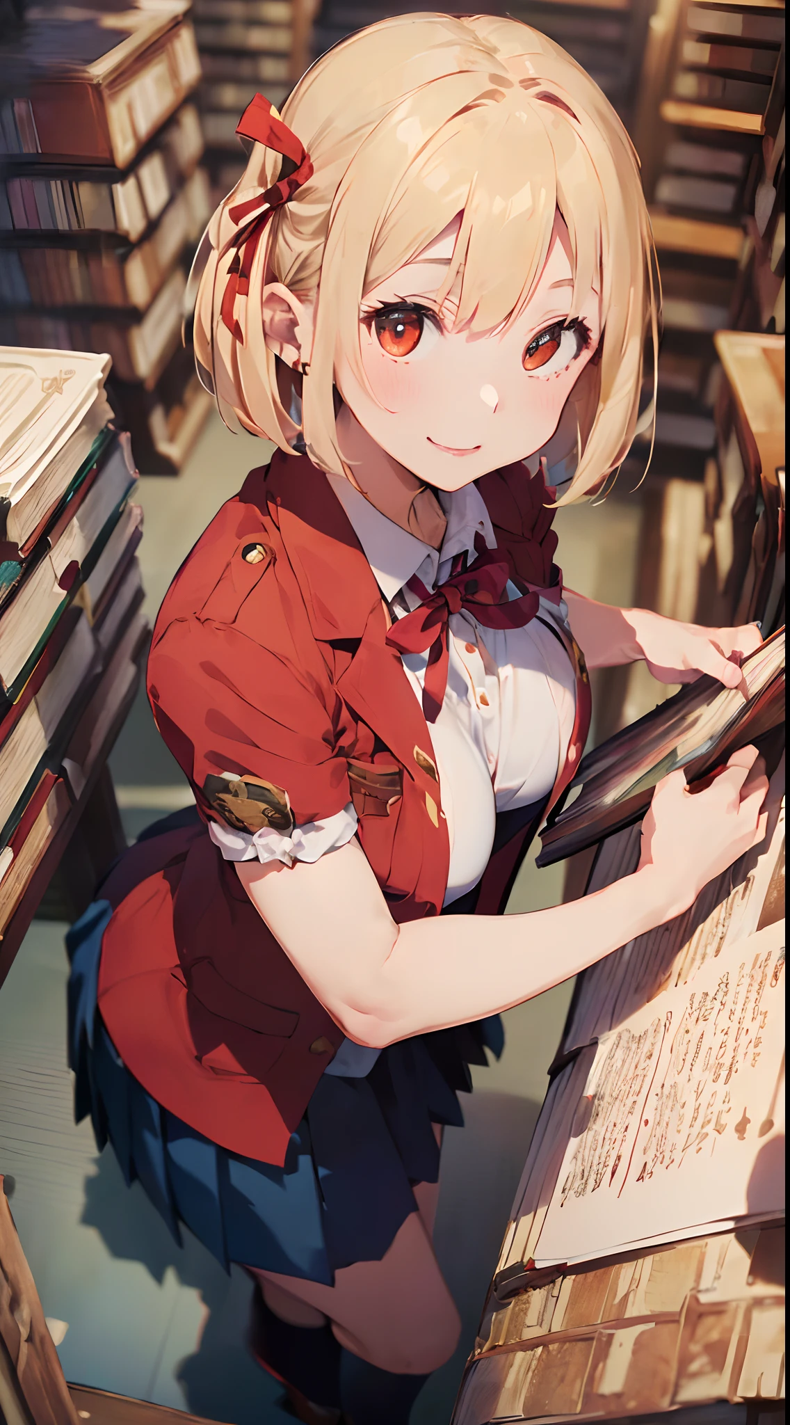 ((Haisole、RAW Photography、top-quality、masterpiece)、high-definition RAW color photography、professional closeup photo、(realisitic、photorealisim:1.55)、(top-quality)、(Best Shadows)、(The best illustrations)、((huge tit))、((超A high resolution、High definition CG unified 16K wallpaper、physically-based renderingt、Cinematographic lighting)、girl with、 (Red and white blazer、Red ribbon、Red and white pretz skirt、sockes、high-school uniform:1.4、)、Realistic fabric、atlibrary, beautiful finely detailed eyes, Light on the face, ((FULL BODYSHOT:1.2)), especially strong light, (Realistic eyes、Red upper eyes、Bewitching smile:1.2),real looking skin、Hands that are shaped like pianists、Real to the nails、((Silky hair、a blond、bob cuts:1.2、Red ribbons))、( skinny thigh), ulzzang-6500-v1.1:0.2, shame, (The Flash:1.2), (puffies, ((provocative posture:1.2, Everyone's Idol:1.2)), (showy)、((Choosing a book:1.2)), ((perfect anatomia:1.2))、((Royal Imperial Library、Blur background:1.2))、Outstanding looks、、(high angle shot:1.2)、I’m under your spell