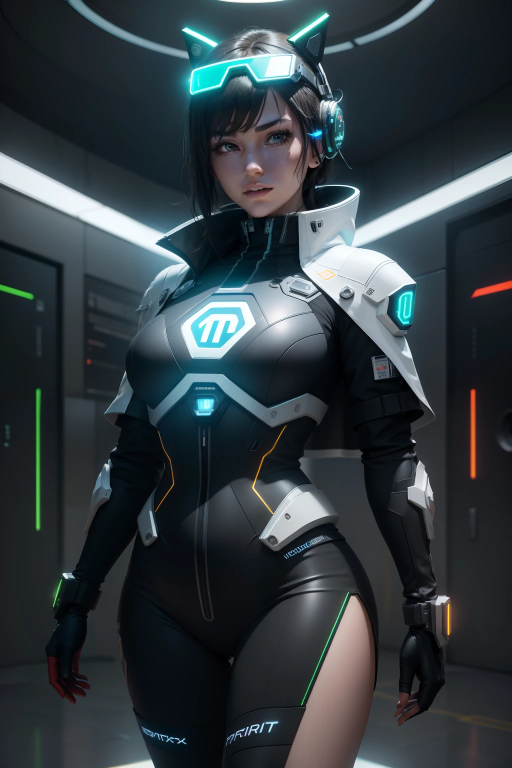 ((Best quality)), ((masterpiece)), (highly detailed:1.3), 3D,full body portrait,rfktr_technotrex, beautiful cyberpunk woman,(wearing head-mounted display that is chunky and hi-tech with neon lights:1.2),wearring a cape,computer hacking,computer terminals,soft glow from neon lights,micro-electronics,computer servers, LCD screens, fibre optic cables, corporate logos,vibrant colours,HDR (High Dynamic Range),Ray Tracing,NVIDIA RTX,Super-Resolution,Unreal 5,Subsurface scattering,PBR Texturing,Post-processing,Anisotropic Filtering,Depth-of-field,Maximum clarity and sharpness,Multi-layered textures,Albedo and Specular maps,Surface shading,Accurate simulation of light-material interaction,Perfect proportions,Octane Render,Two-tone lighting,Low ISO,White balance,Rule of thirds,Wide aperature,8K RAW,Efficient Sub-Pixel,sub-pixel convolution,luminescent particles,light scattering,Tyndall effect