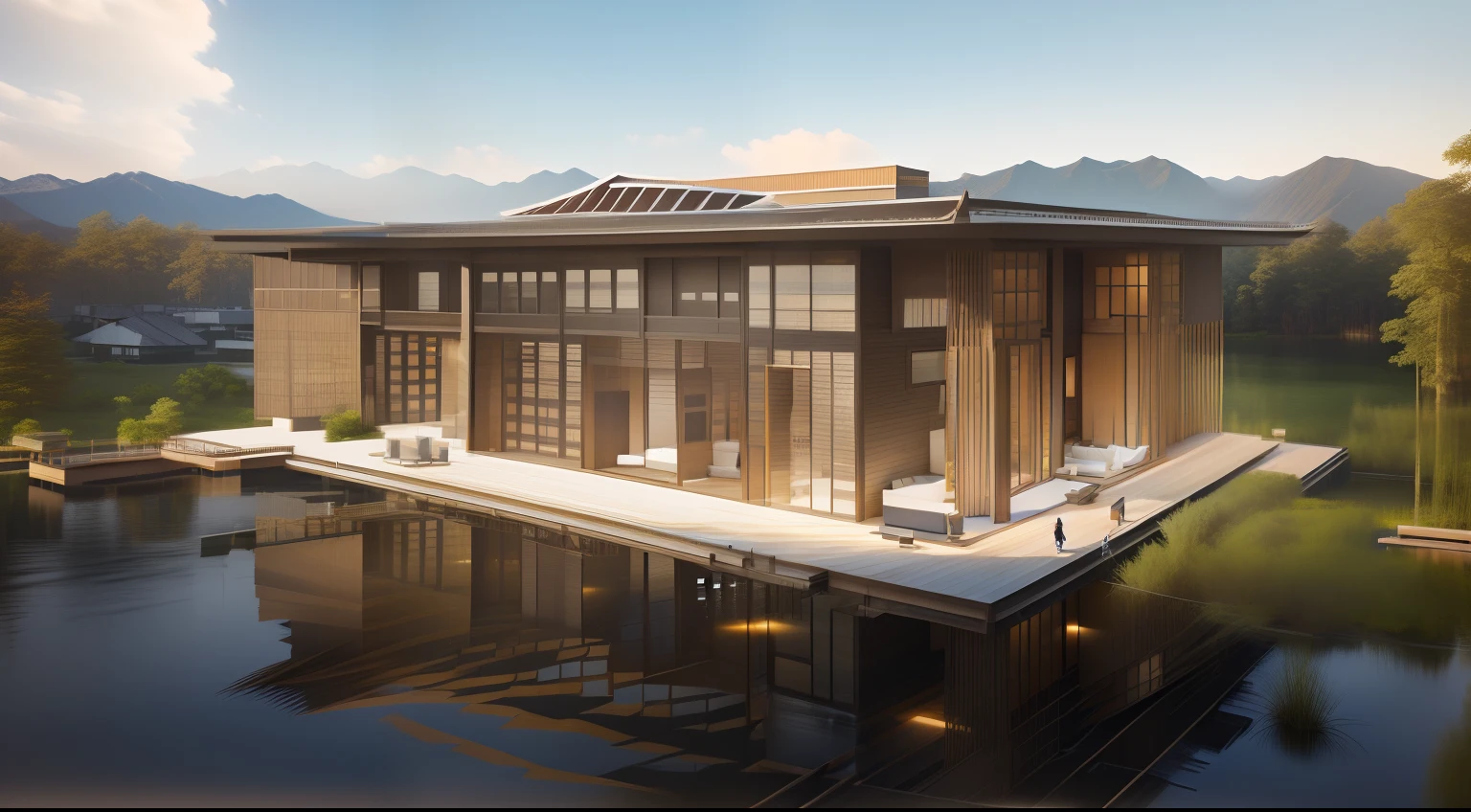 An architectural rendering of a building on the lake, Bamboo structure，architectural render, architectural 3 d render, building rendering, archviz, lumion render, full - view, lumion rendering, artistation render