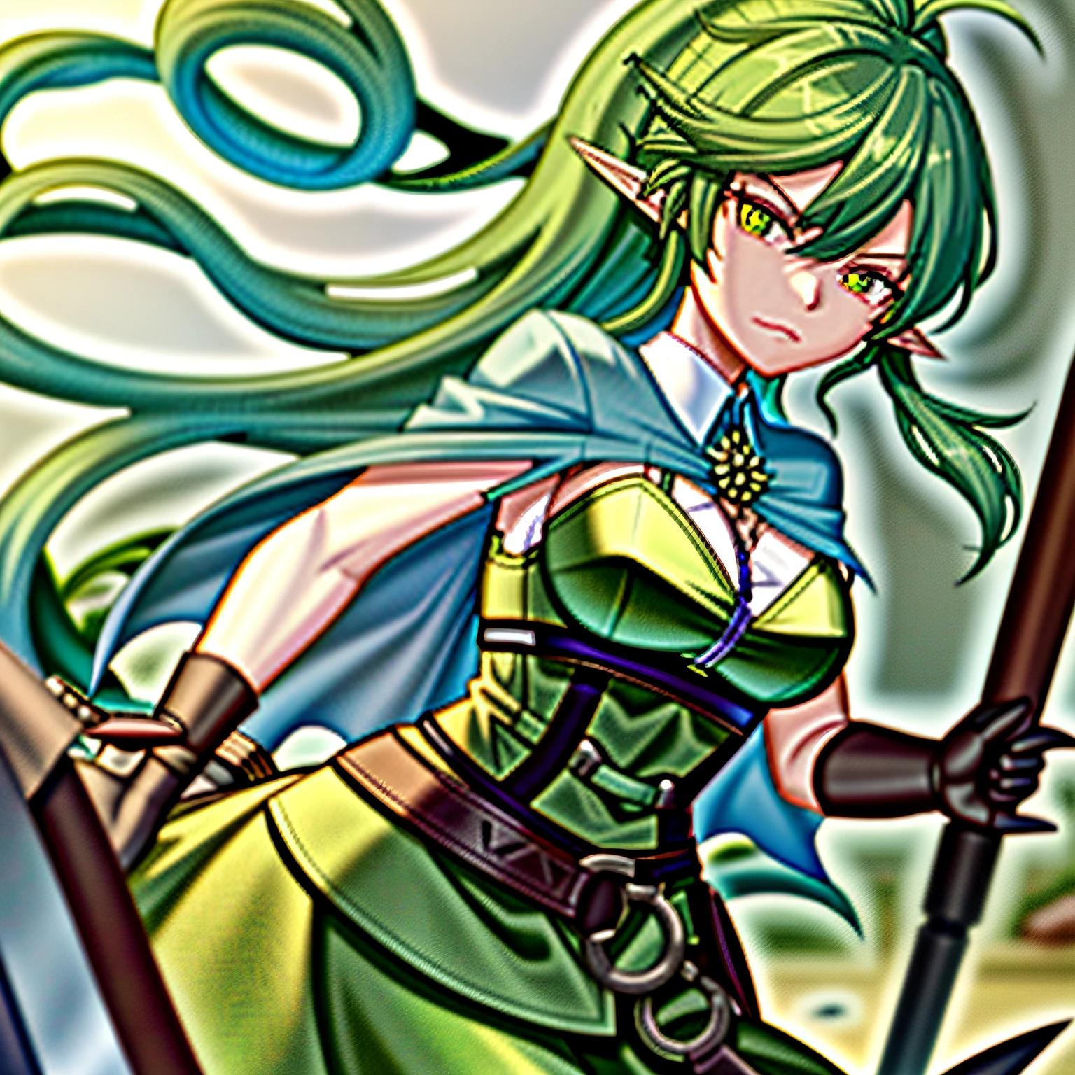 Close up of cartoon character with green hair and green cape, (((mad))) Elf Princess, demon slayer rui fanart, cunning expression, r/art, r /art, r / art, Fairy punk, dnd fantsay art, disgust, Elf Girl, anato finnstark!!, in an anime style, elf princess knight