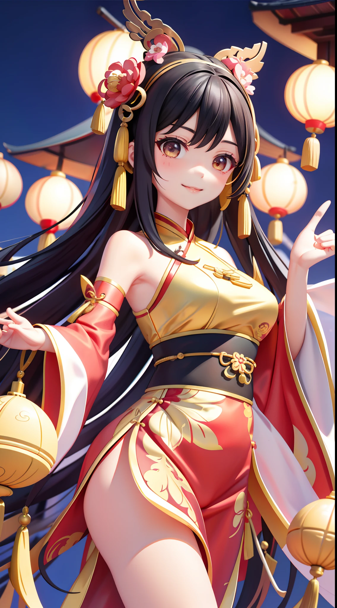 (Positive focus),best qualtiy,1个Giant Breast Girl,Very detailed faces,Red cheongsam,Black ponytail,Fringed Hair Ornament,Peony Flower Hair Ornament,ChineseGirl,Smile Expression,dynamic viewing angle,the night,Lanterns,Ancient Chinese streets,Multiple Hanfu pedestrians in the background,Award-Awarded,cowboy lens,natta,