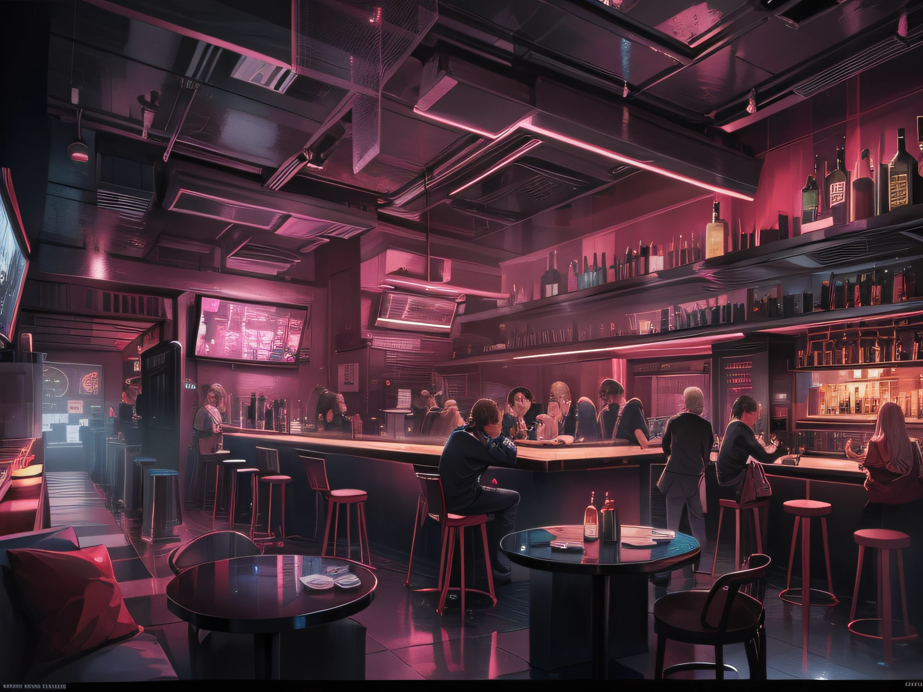 Inside a modern urban bar，Lots of chattering people，grand master，tmasterpiece，8k wallpaper，CG，Ultra-high image quality