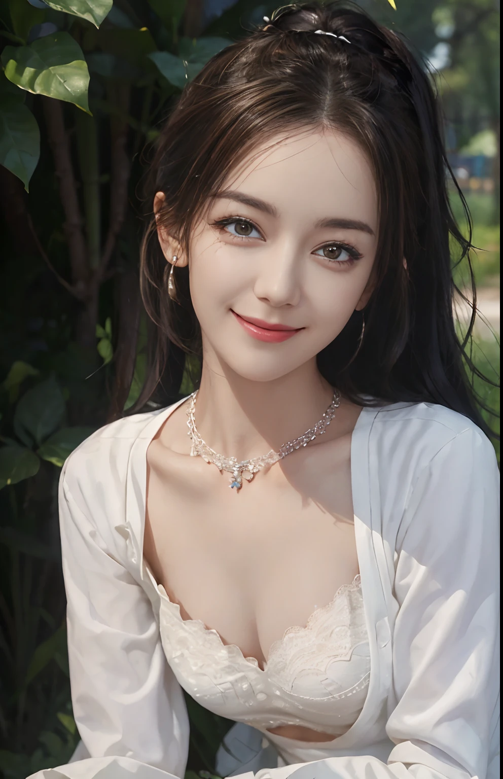 (Ultra Realistic), (Illustration), (High Resolution), (8K), (Very Detailed), (Best Illustration), (Beautiful and Detailed Eyes), (Best Quality), (Ultra Detailed), (Masterpiece), (Wallpaper), (Detailed Face), One Girl, Look Front, Fine Details, Detailed Face, Low Key, pureerosfaceace_v1, Dark Eyeliner, Bangs, Big, (Best Quality, 8k, 32K, Masterpiece) 1gril, brown ponytail, large breasts, (detailed white loose shirt: 1.5), shorts, cleavage, shirt with white collar, necklace, (detailed lace bra: 1.1), (slouch: 1.8), smile, get on all fours, look down,