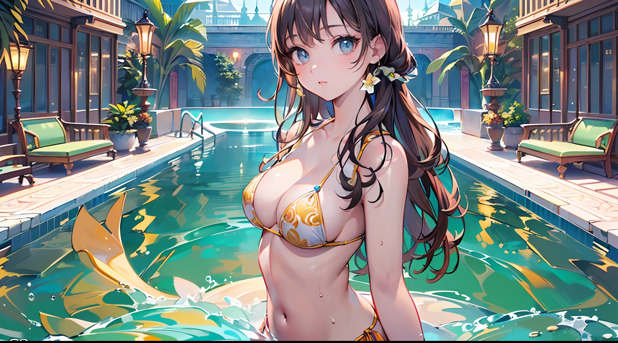 (Masterpiece, top quality, super detailed CG, ultra detailed beautiful face and eyes,super detailed, intricate details:1.2), 8k wallpapers, elaborate features,
(1 person, solo:1.4)perfect cartoon illustration,(1 person, solo:1.4),
 1 girl, night pool, swimwear, full body illustration