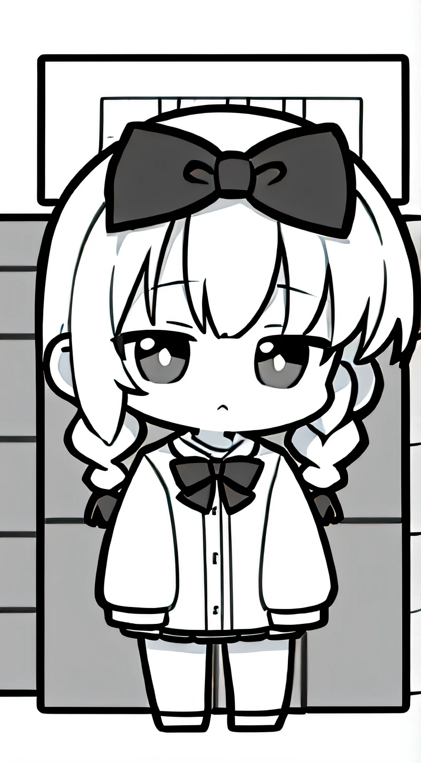 Black and white girl for coloring book, Chibi, soio, white  hair, Braids, monochrome dresses, Monochrome clothes, long-sleeve, Monochrome bow tie, Monochrome bow on the head, banya, gargantilha, Anime with easy-to-draw line drawings
