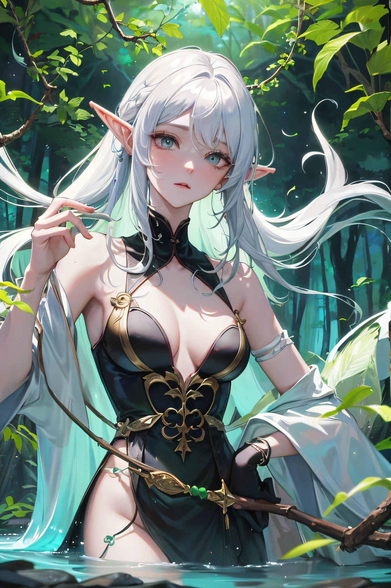 Masterpiece, best quality, (very detailed CG unified 8k wallpaper), (best quality), (best illustration), (best shadow), close-up of a beauty with white hair and white mask, beautiful figure painting, Guvitz, Guwiz style artwork, white-haired god, Yang J, epic exquisite character art, amazing character art, Fan Qi, Wu Zhun Shifan, Guwiz in pixiv art station, glowing elf, with a glowing deer, drinking water in the pool, Natural elements in forest theme. Mysterious forest, beautiful forest, nature, surrounded by flowers, delicate leaves and branches surrounded by fireflies (natural elements), (jungle theme), (leaves), (branches), (fireflies), (particle effects) and other 3D, Octane rendering, ray tracing, super detailed