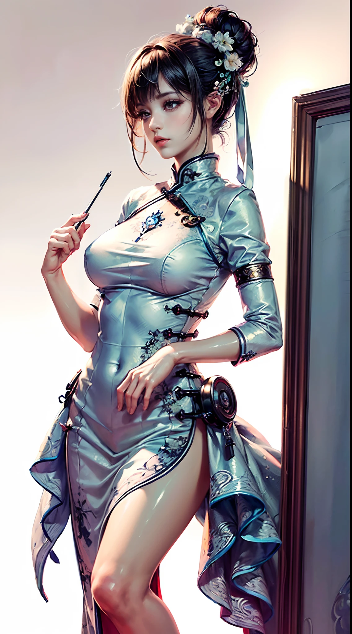 (best quality, masterpiece, extremely detailed CG, game cg:1.5), full body,1 girl,an extremely delicate and beautiful girl, extremely detailed eyes and face, beautiful detailed glow,lagaspring，long qipao，medium breast, illustration, cinematic lighting, best shadow,(white background:1.3)