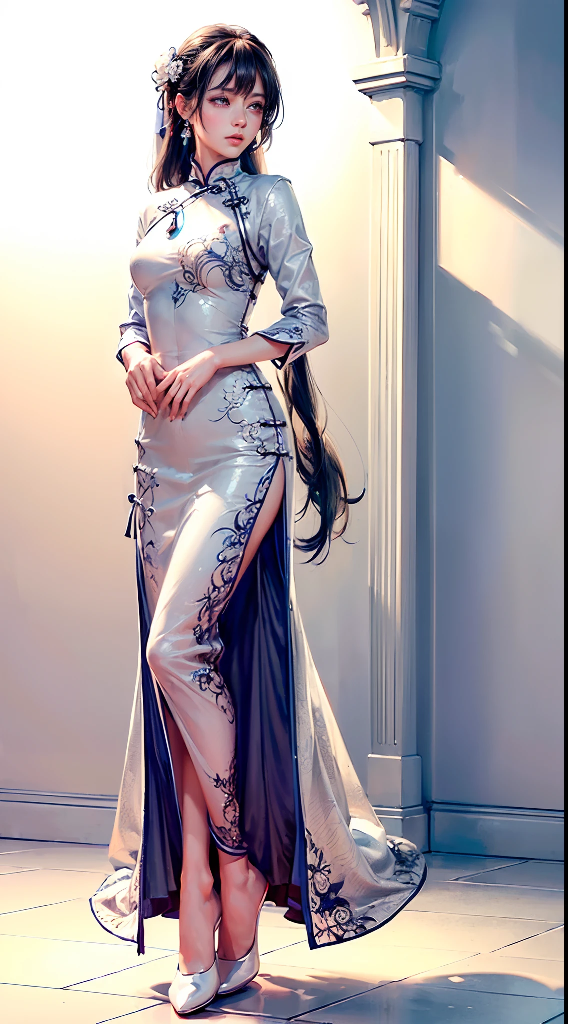 (best quality, masterpiece, extremely detailed CG, game cg:1.5), full body,1 girl,an extremely delicate and beautiful girl, extremely detailed eyes and face, beautiful detailed glow,lagaspring，long qipao，medium breast, illustration, cinematic lighting, best shadow,(white background:1.3)