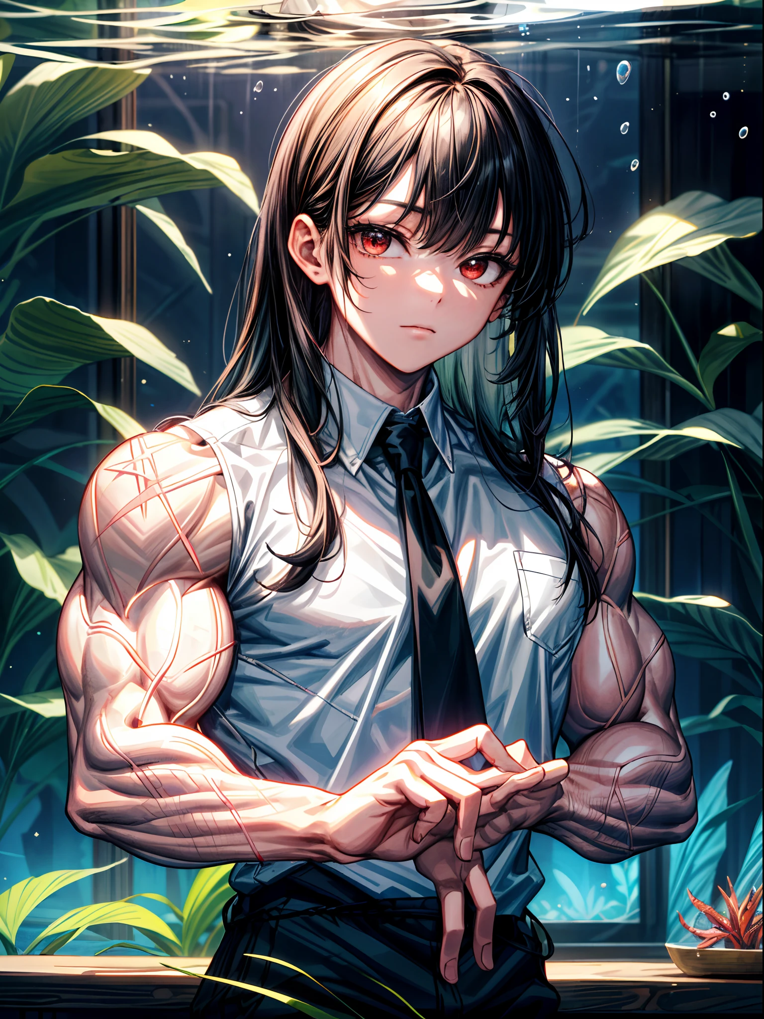 (best lighting) , (super-complex details) , 4K unified, (super-detailed CG: 1.2) , (8K: 1.2),(original), (masterpiece) , (best quality),(Masterpiece:1.4),Anime-ish high quality,(masterpiece),masterpiece, best quality, absurdres,((Masterpeace, 4k, 8k, highres)),(masterpiece), (best quality), (ultra-detailed), (an extremely delicate and beautiful), ((cowboy shot)), 1 woman, Yoru, beautiful face, detailed face, red eyes, scar on the cheek, long hair, black hair, school uniform, white shirt, black tie, dynamic pose, looking at viewer, on a aquarium, fish tank behind her, algae, marine life, blurred bottom, female focus, depth of field, full HD, high definition, high resolution
, ((body builder:1.5)),temple background,(beautiful bace),(girl),(female),(((upper body:1))),from front